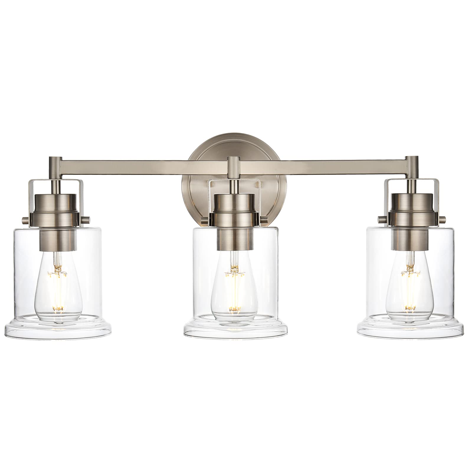 VINLUZ Modern 3-Light Brushed Nickel Vanity Light Fixture with Clear Glass Shade - Industrial Bathroom Lighting for Mirror, Wall Sconce for Hallway, Living Room & Bedroom - Perfect for Home, Hotel and Spa Decor