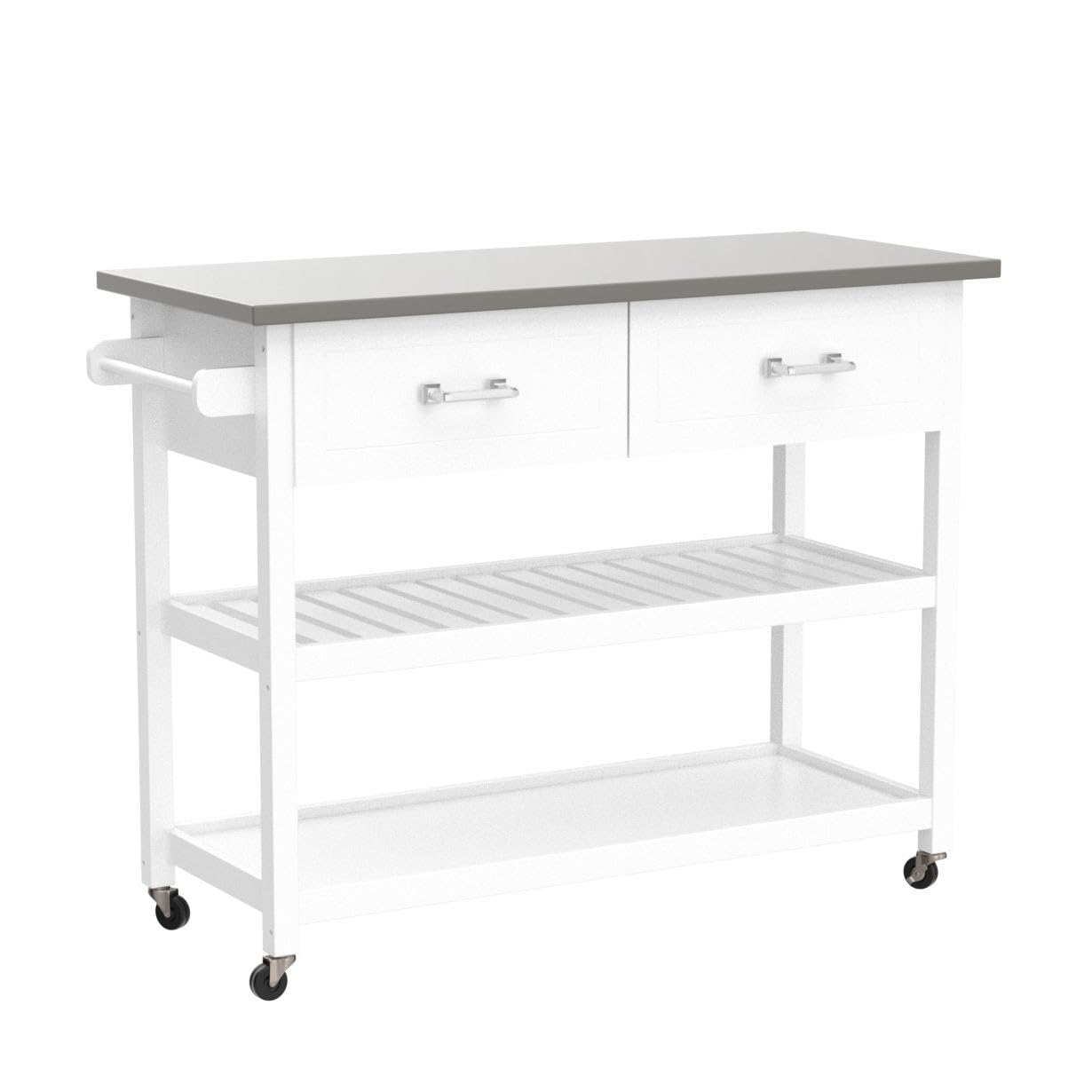 RASOO White Kitchen Island Cart with Stainless Steel Top, 2 Drawers & Storage Shelves, Mobile Kitchen Cart on Wheels 47.24