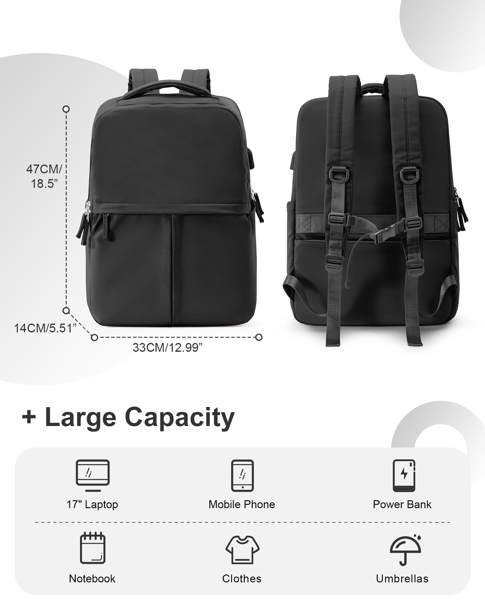 Large Black Travel Backpack for Women & Men - Waterproof Laptop Backpack for Airplane Carry On, College, Gym & Work - Durable Multi-Purpose Backpack for Travel, Commuting & Outdoor Adventures