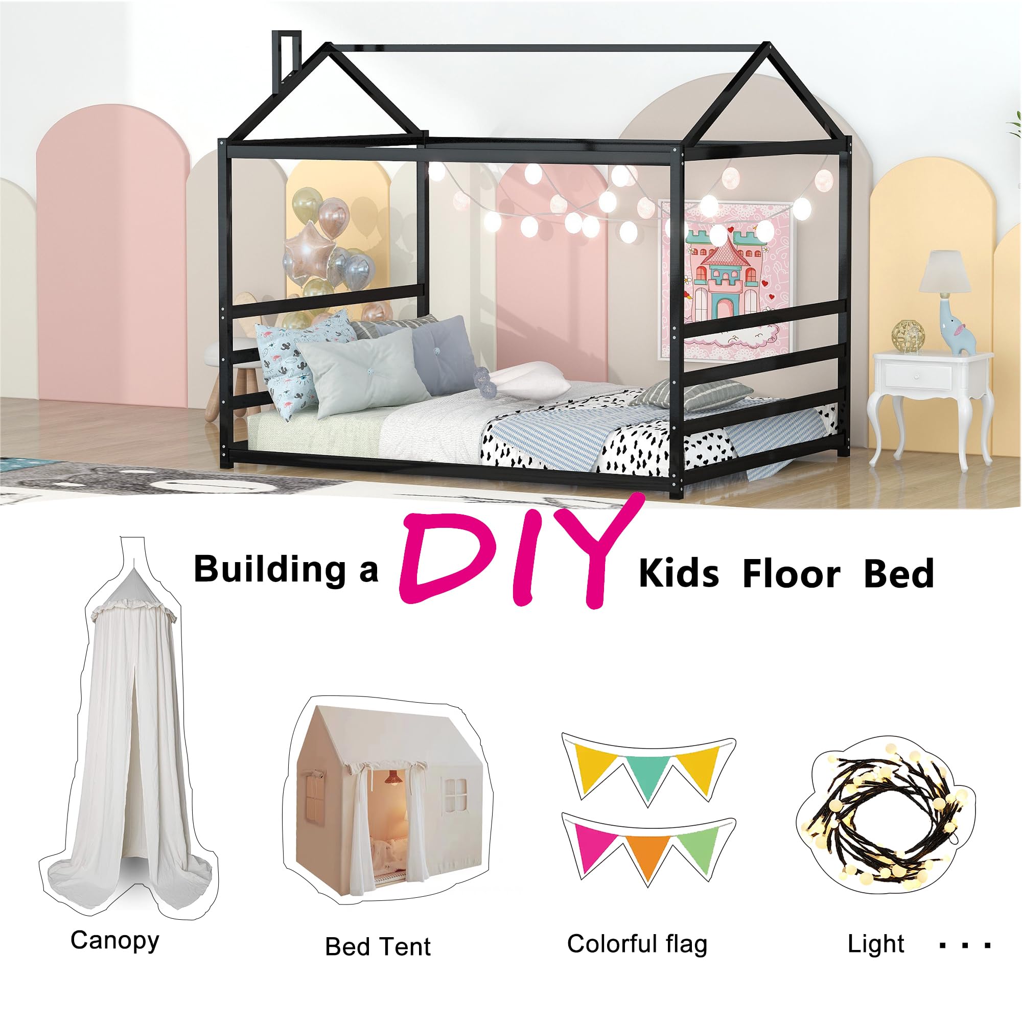 Montessori Metal Queen Size Floor Bed with Roof - Sturdy House Bed Frame for Kids, Boys & Girls - Black | Perfect for Montessori Bedrooms, Playrooms & Cozy Sleep Spaces