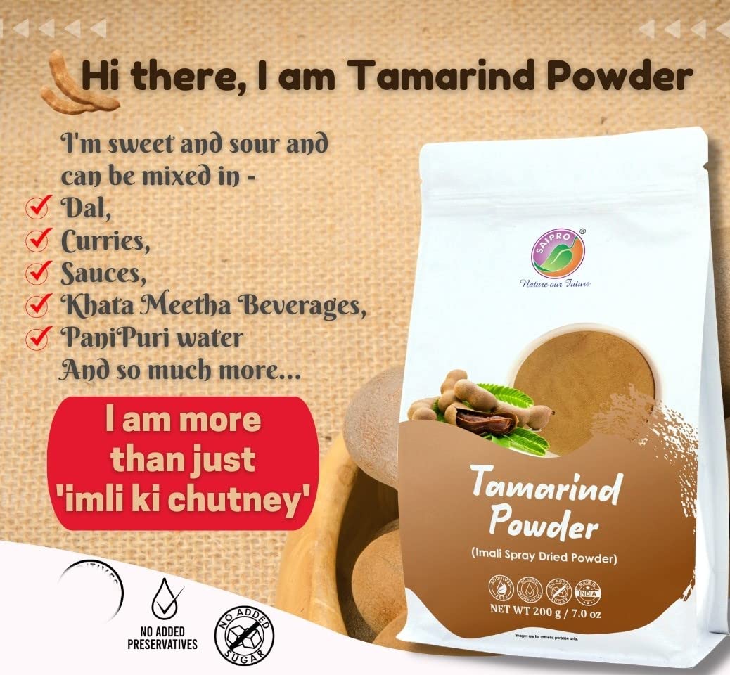 Saipro Tamarind Powder 200g - Seedless, Free-Flowing, All-Natural for Tamarind Paste, Candy, Lollipops, Chutney, Pulp, Chaat & Sauce | No Preservatives, No Sugar | Perfect for Cooking, Baking & Indian Cuisine