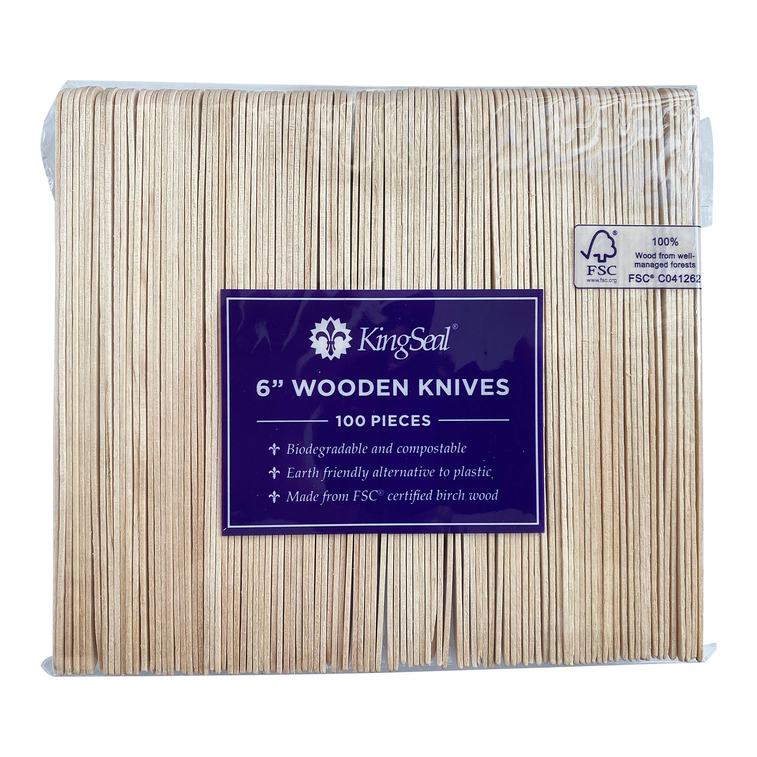**KingSeal 4,000 Count FSC Certified Disposable Wooden Knives - Biodegradable & Eco-Friendly Cutlery Set (6 Inch) - Bulk Pack (40 Packs x 100 Knives) for Parties, Picnics, Catering & Restaurants**