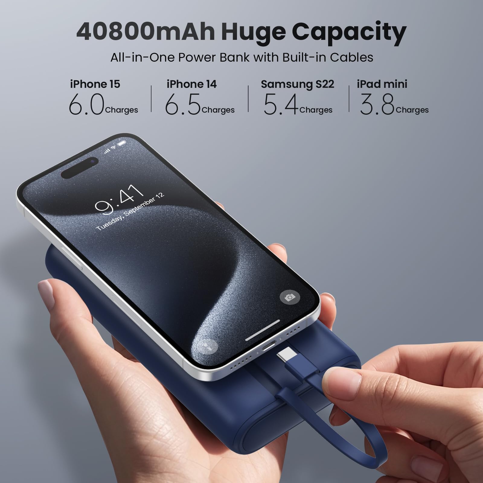 2024 Upgraded 40800mAh Portable Charger Power Bank with PD 25W USB-C Fast Charging | Dual Built-in Cables & 5 Outputs | Compatible with iPhone 16/15/14, Android Phones & More | Navy Blue | Perfect for Travel, Camping & Emergency Power Backup