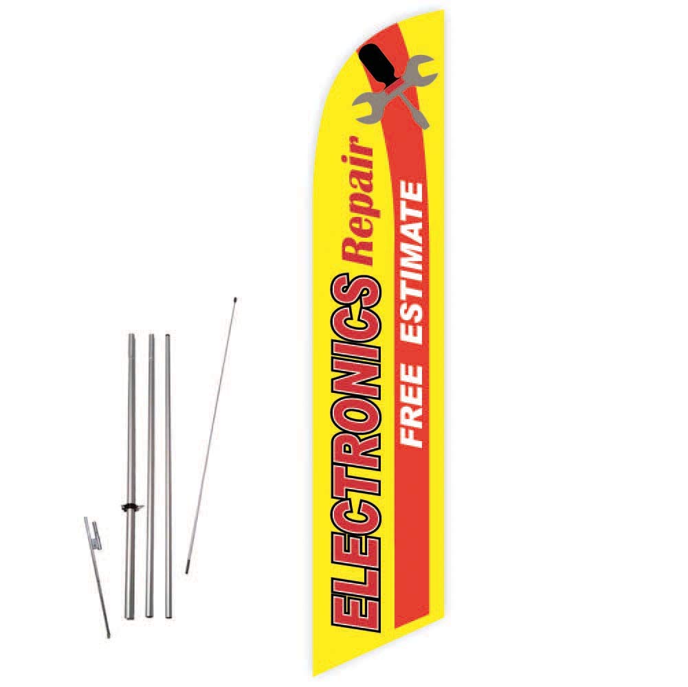 Electronics Repair Free Estimate Feather Flag - 15ft Pole Kit with Ground Spike - Yellow Advertising Banner for Storefronts, Events & Grand Openings