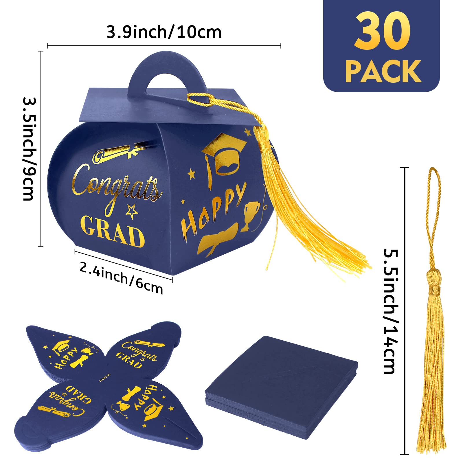 2025 Graduation Candy Boxes with Tassel - 30pcs Blue & Gold Grad Party Favors for Congrats