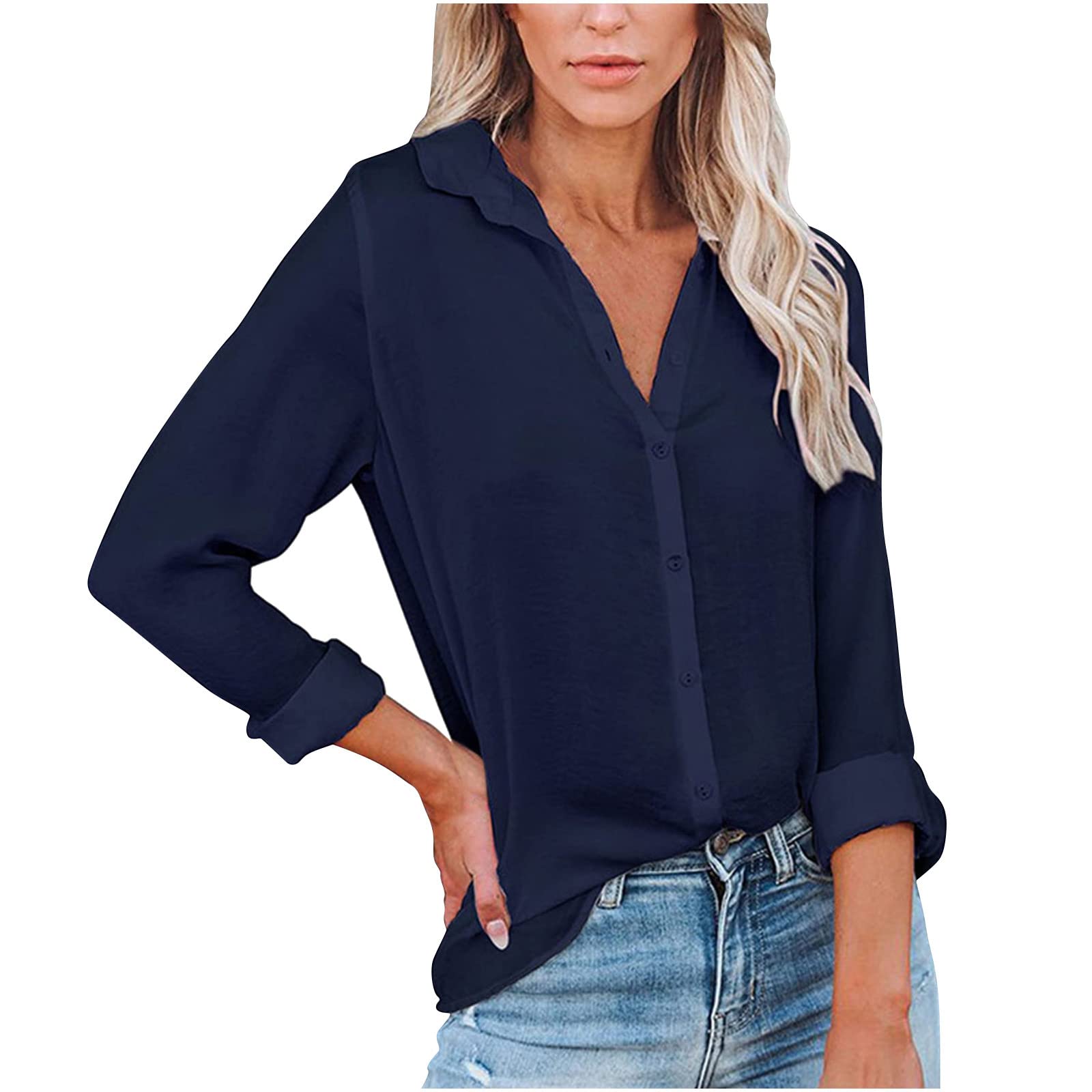 Women's Summer Tops - Solid Color Long Sleeve Lapel Shirt, Casual Tunic Blouse for Women | Office Wear, Weekend Outfits & Date Night Fashion
