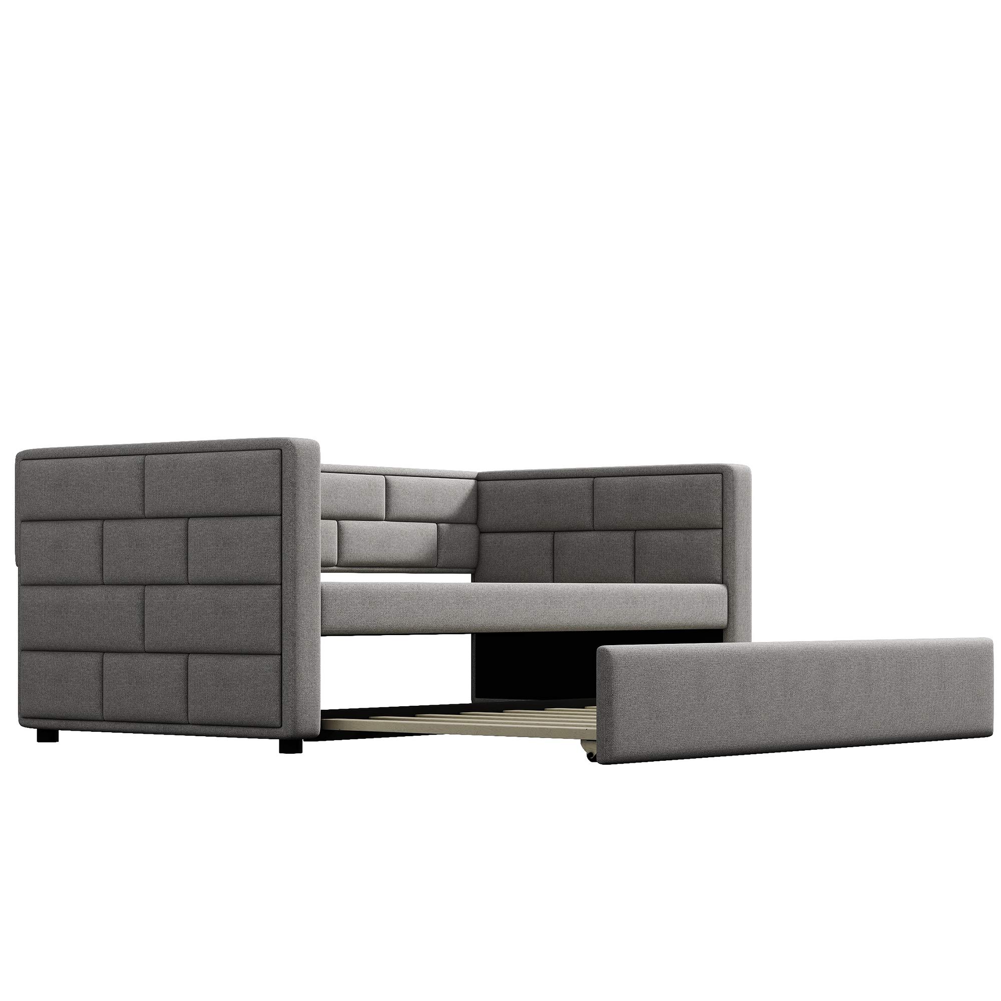 Polibi Twin Size Upholstered Daybed with Trundle - Gray Convertible Sofa Bed with Padded Back & Sides | Perfect for Guest Room, Small Space & Dormitory