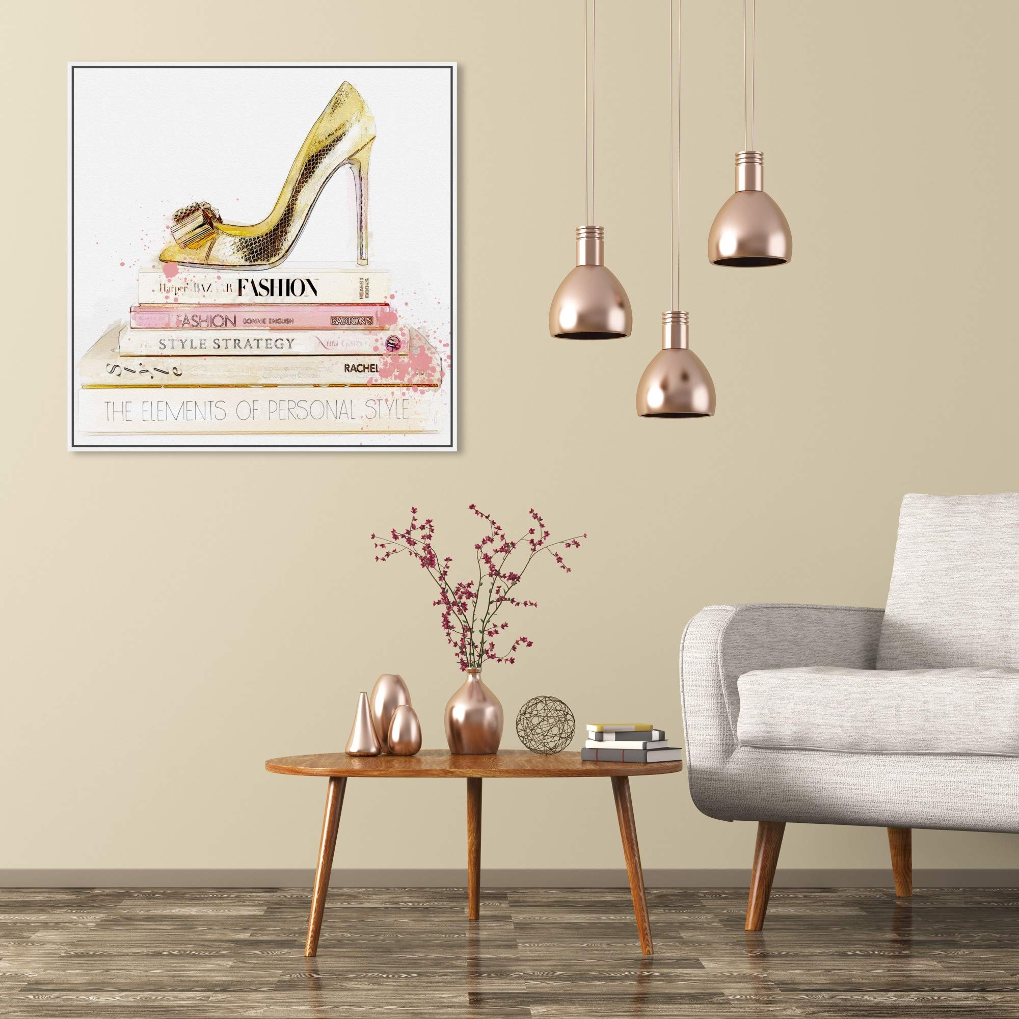 Oliver Gal Artist Co. Fashion & Glam Framed Wall Art Canvas Prints - Shoe & Blush Books Home Décor - 30x30 Inches Gold & White - Perfect for Living Room, Bedroom & Office Decor
