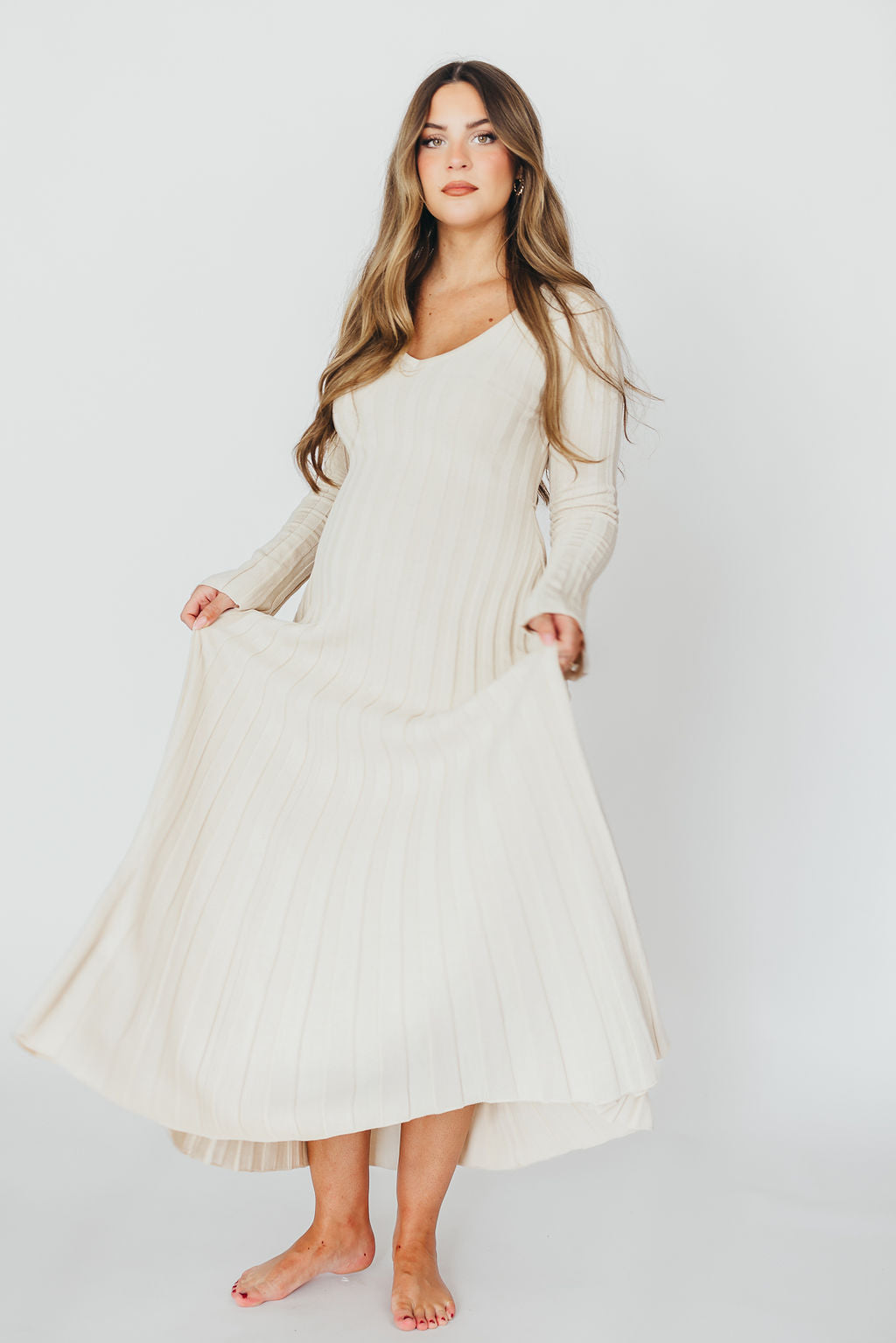 Hadley Long Sleeve V Neck Knit Maxi Dress in Cream Taupe - Elegant Women's Casual Maxi Dress for Fall & Winter, Perfect for Office, Date Night and Holiday Parties
