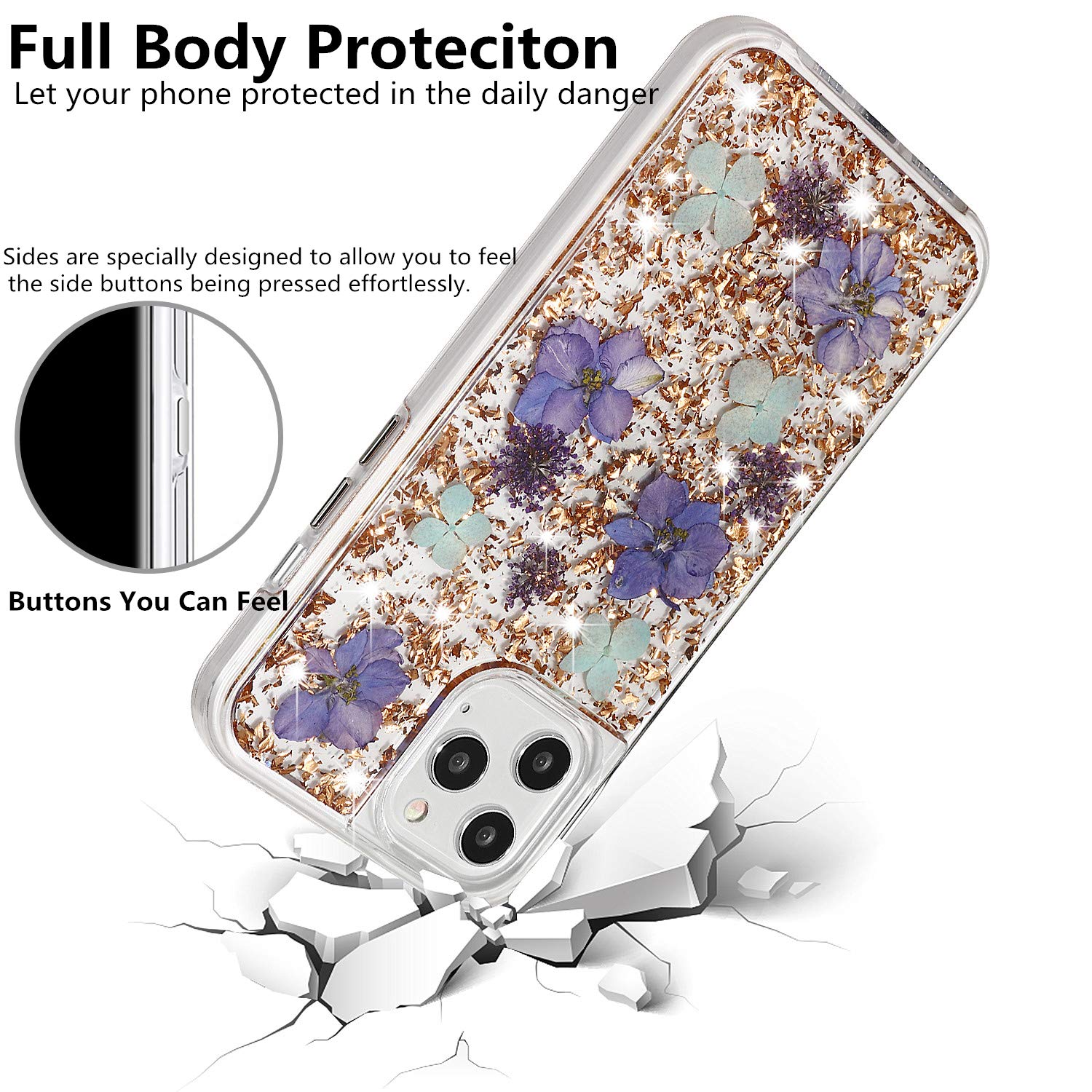 Luxury iPhone 12 Pro Max Case for Women - Sparkling Glitter Floral Design with Clear TPU Bumper | Protective Hard Back Cover for iPhone 12 Pro Max 6.7