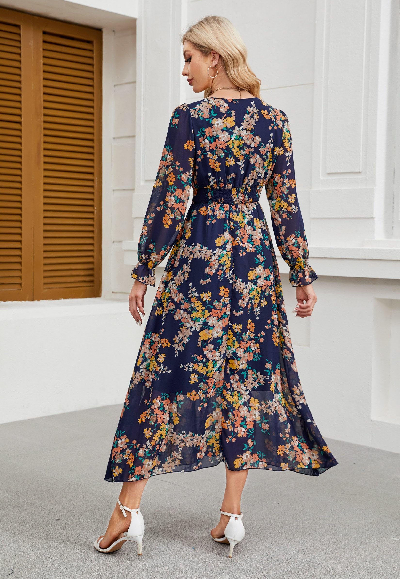 Floral Summer Maxi Dress for Women 2025 - Long Sleeve V-Neck Empire Waist Flowy Dress | Spring Wedding Guest Dress, Beach Vacation, Garden Party & Special Occasions