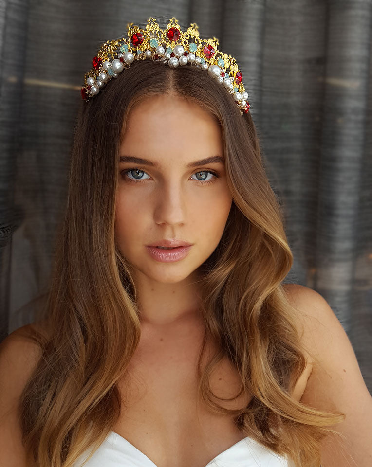 Exquisite Gold and Ruby Italian Princess Wedding Headpiece by Kezani – Perfect for Tuscany Weddings & Royal-Themed Events