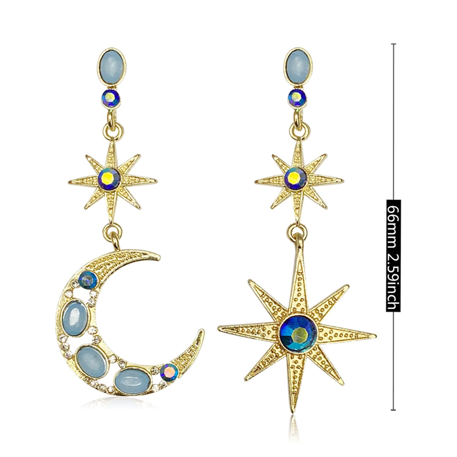 18K Gold Bohemian Crystal Moon Star Dangle Earrings for Women - Sparkly Blue Sun & Moon Drop Earrings - Perfect for Festivals, Parties & Boho Fashion Accessories