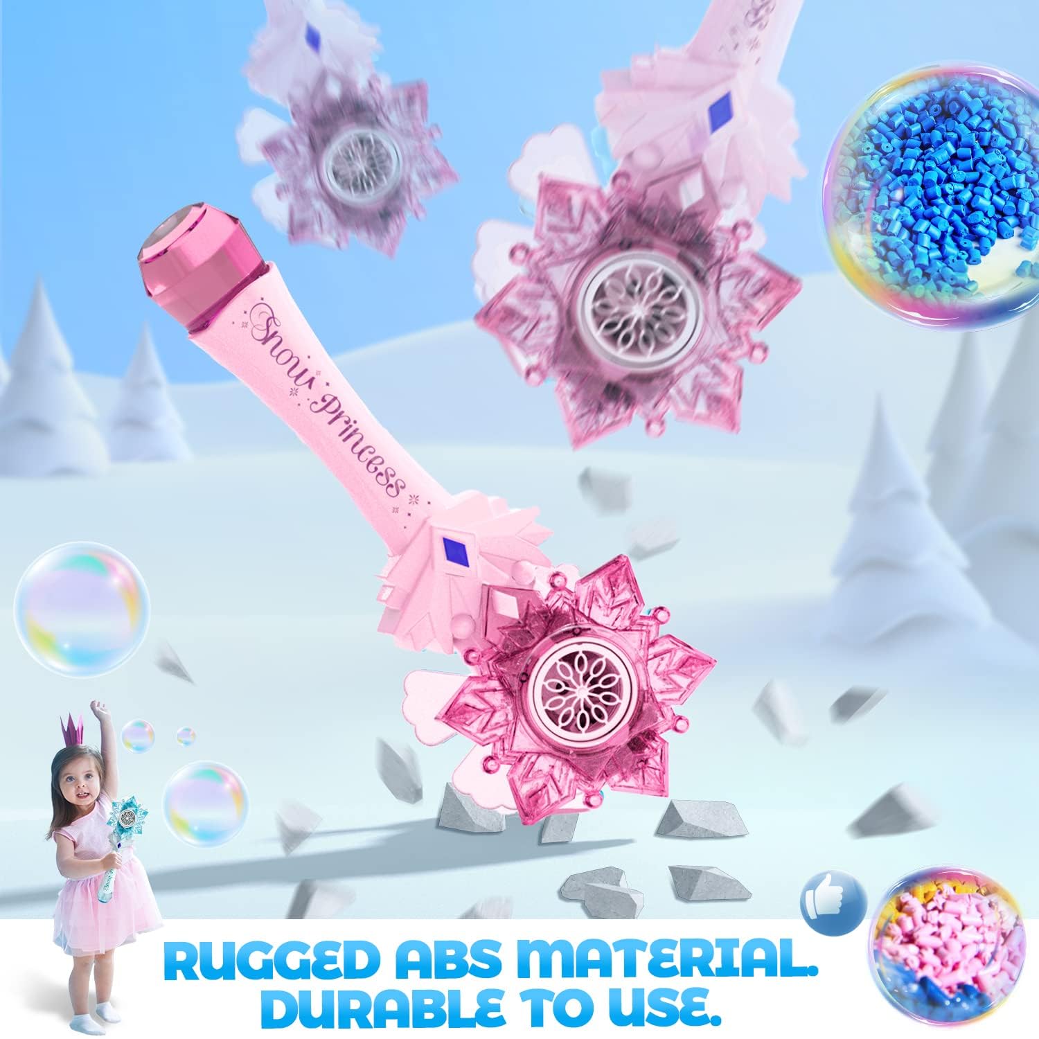 BELLOCHIDDO Princess Magic Wand Automatic Bubble Blower - Light Up Musical Snowflake Bubble Machine with Windmill & Bubble Solution, Frozen-Themed Birthday Gift for Girls (Perfect for Outdoor Play, Parties & Disney Princess-Themed Events)