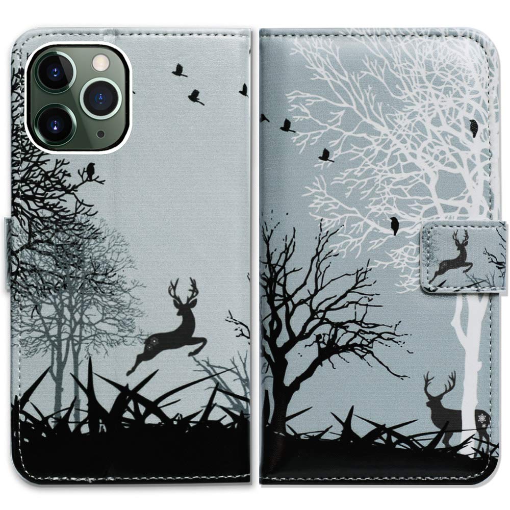 Premium Leather Wallet Case for iPhone 11 Pro Max - RFID Blocking Flip Cover with Card Slots & Kickstand | Stylish Green Deer & Black Birds Design | Perfect for Business, Travel & Everyday Use