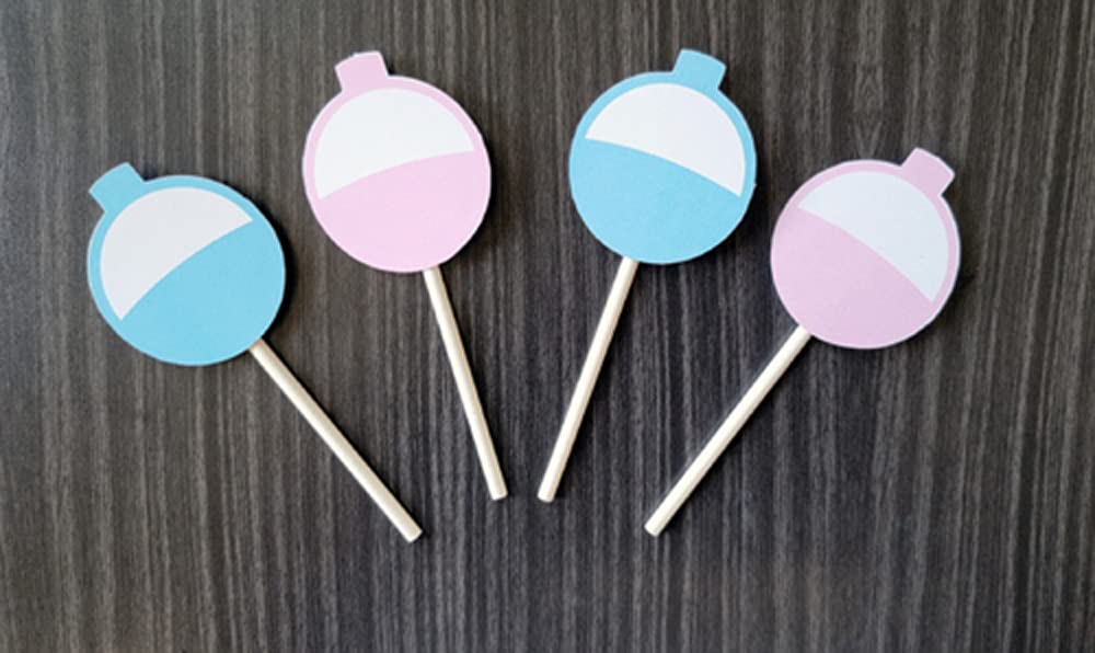 Pink and Blue Fishing Bobber Cupcake Toppers - 12 Count for Gender Reveal Party, Baby Shower, Fishing Theme Birthday - Fish Shaped Decorations for Cakes and Desserts