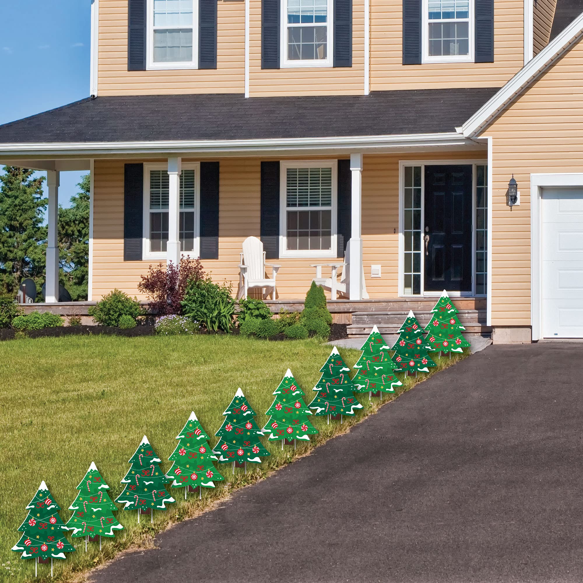 Big Dot of Happiness Snowy Christmas Trees - Classic Outdoor Holiday Lawn Decorations for Christmas Party & Yard Decor - 10 Piece Set - Perfect for Front Yard, Garden, and Festive Seasonal Displays