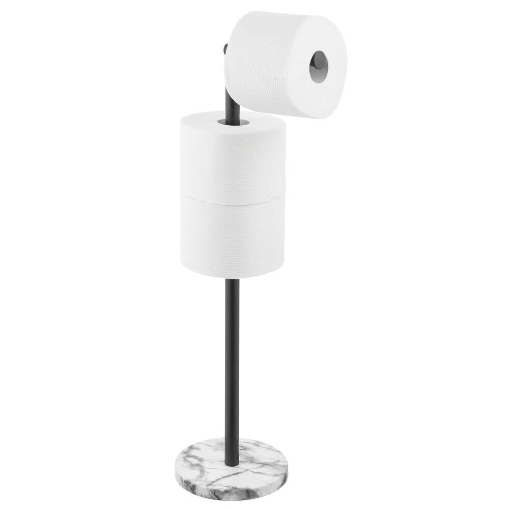 mDesign Steel Standing Modern Toilet Paper Holder - Bathroom Tissue Dispenser Stand with Marble/Black Finish - Holds Mega Rolls - Xene Collection - Perfect for Bathroom Storage Organization & Home Decor