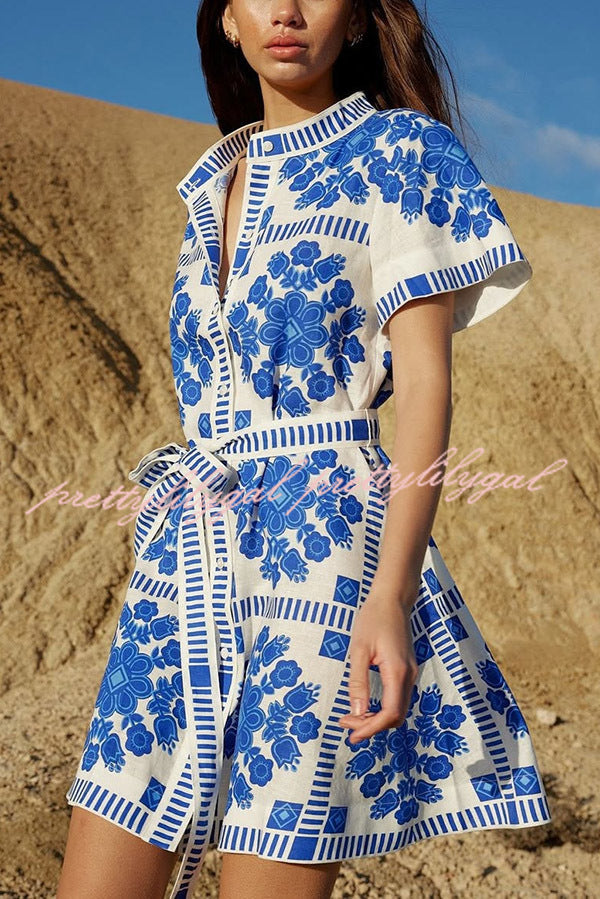 Stylish Floral Print Short Sleeve Button Down Tie Waist Mini Dress - Perfect for Summer Outings, Beach Vacations & Casual Dates