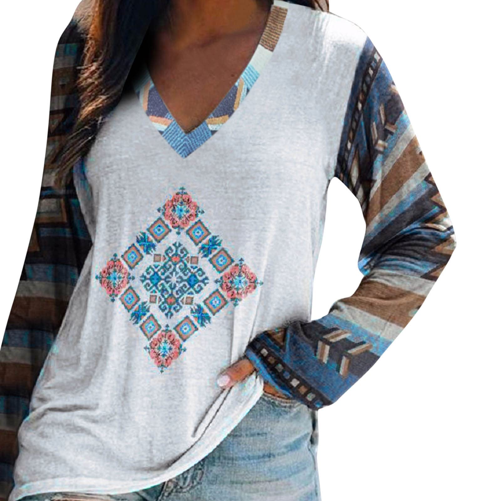 Women's Loose Fit V-Neck Long Sleeve Blouse - Digital Print Casual Top Soft Comfortable Feminine Shirt (White, Large) | Perfect for Office Wear, Date Night & Everyday Outfits