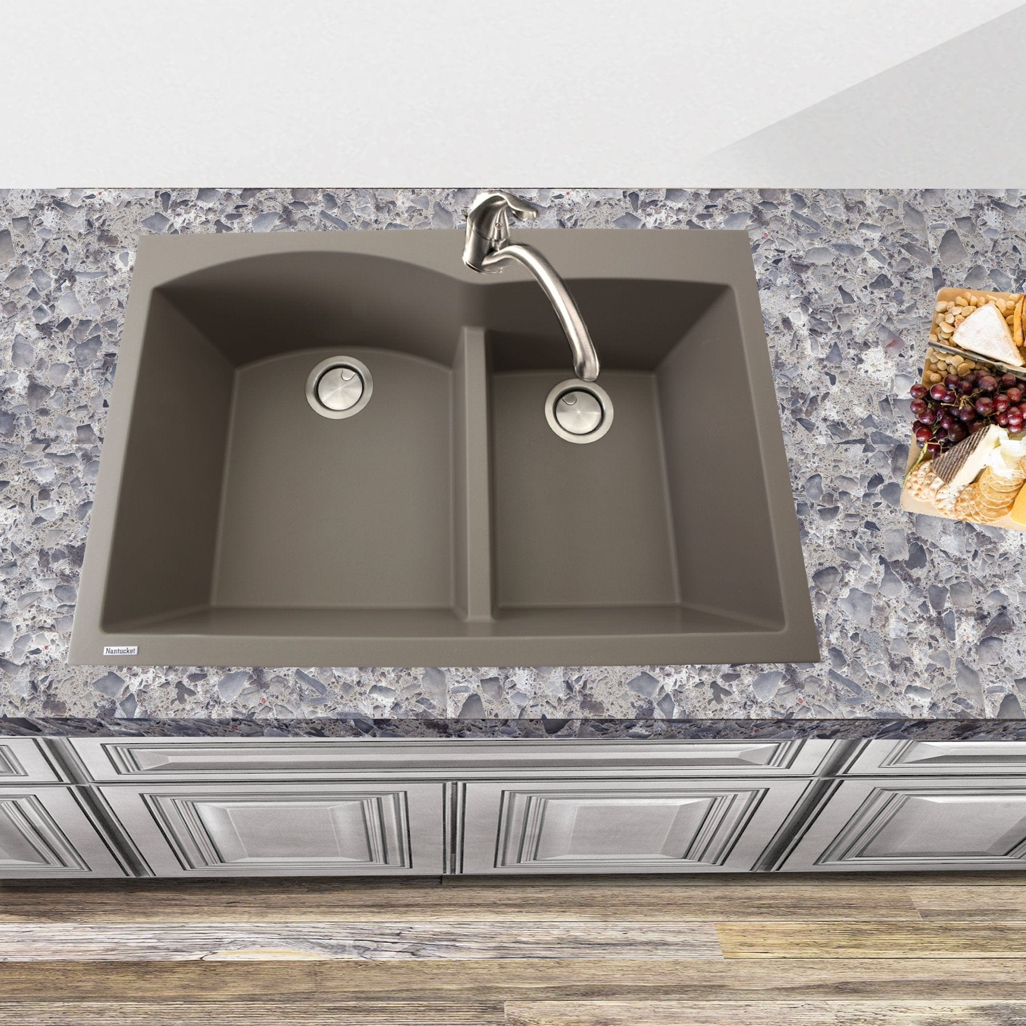 Premium Nantucket 60/40 Double Bowl Granite Composite Kitchen Sink - Dual Mount, Truffle Color (PR6040 TR) - Perfect for Modern Farmhouse & Coastal Style Kitchens