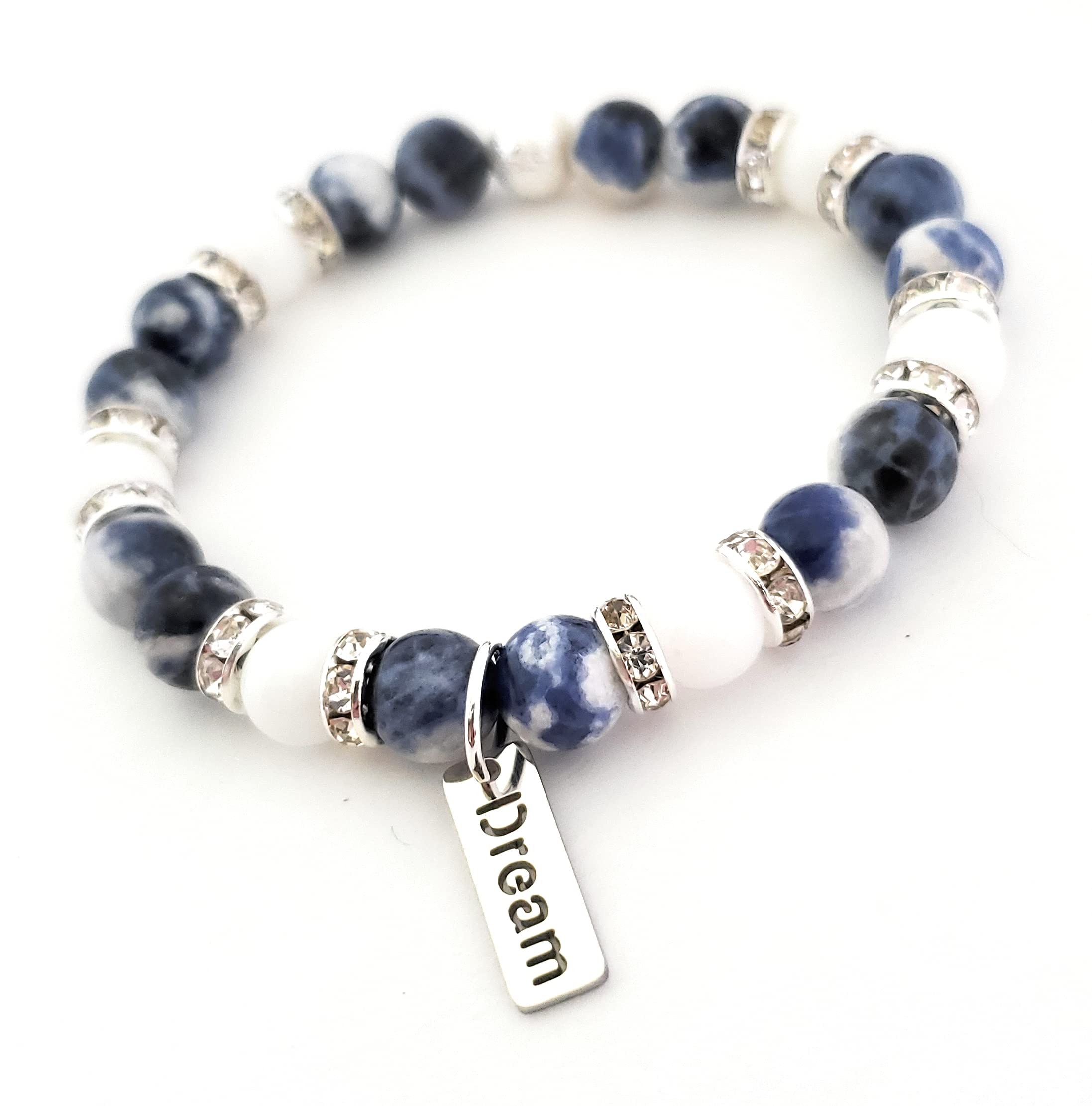 Blue Sodalite & White Jade Beaded Bracelet - Natural Healing Stone for Stress Relief, Anxiety & Positive Energy - Meditation, Yoga & Spiritual Jewelry Gift