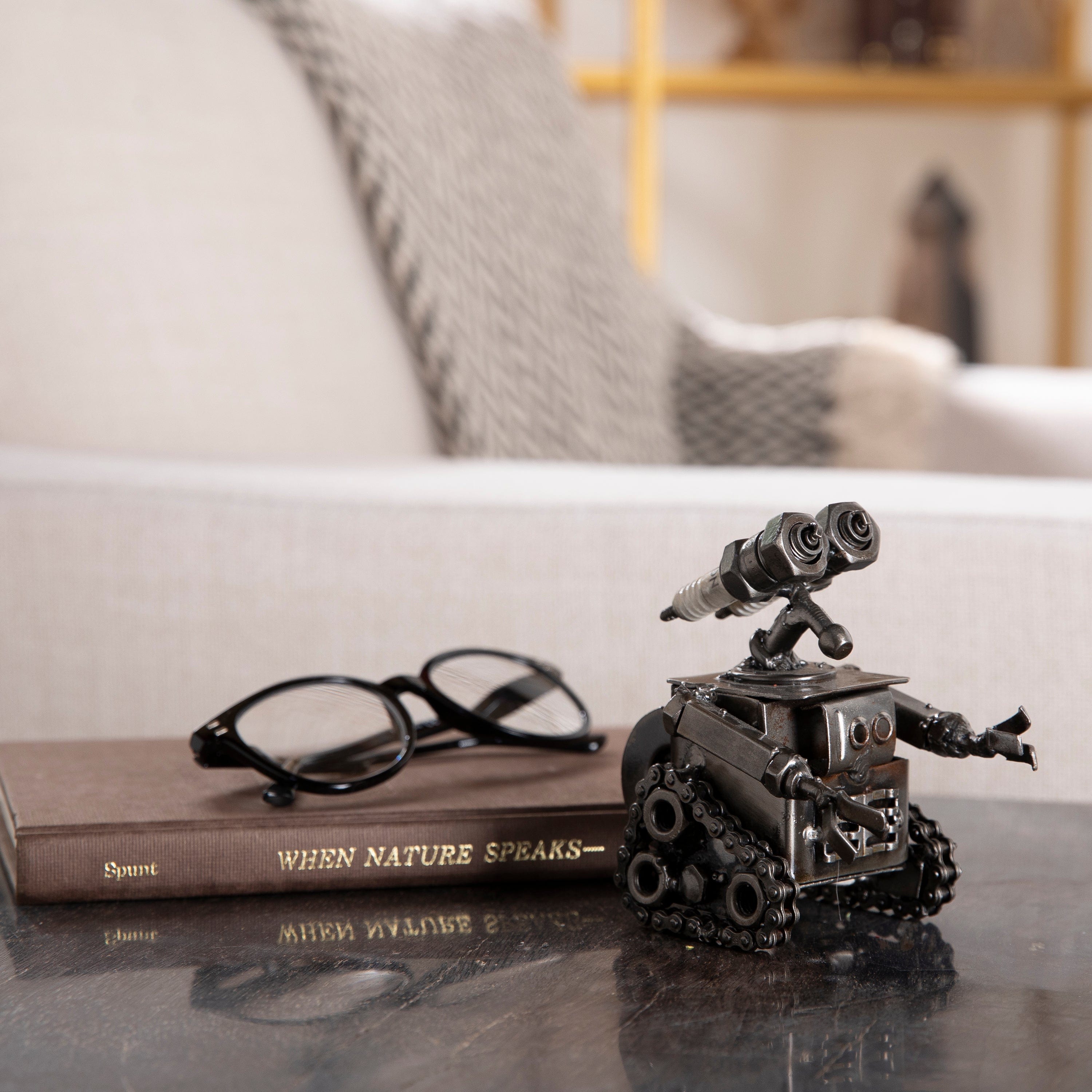 Wall-E Inspired Recycled Metal Robot Sculpture - Eco-Friendly Home Decor & Unique Gift for Movie Lovers, Sci-Fi Fans - Perfect for Living Room Shelves, Office Desks & Collector Displays