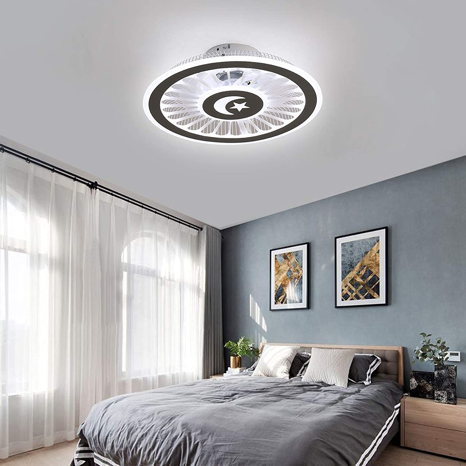 MONIPA 18.5 Inch Enclosed Ceiling Fan with LED Light and Remote Control - 3 Speed Settings & 3 Color Temperatures, Semi-Flush Mount Grey Ceiling Fan for Bedroom, Living Room, Kitchen - Perfect for Home, Office and Indoor Spaces