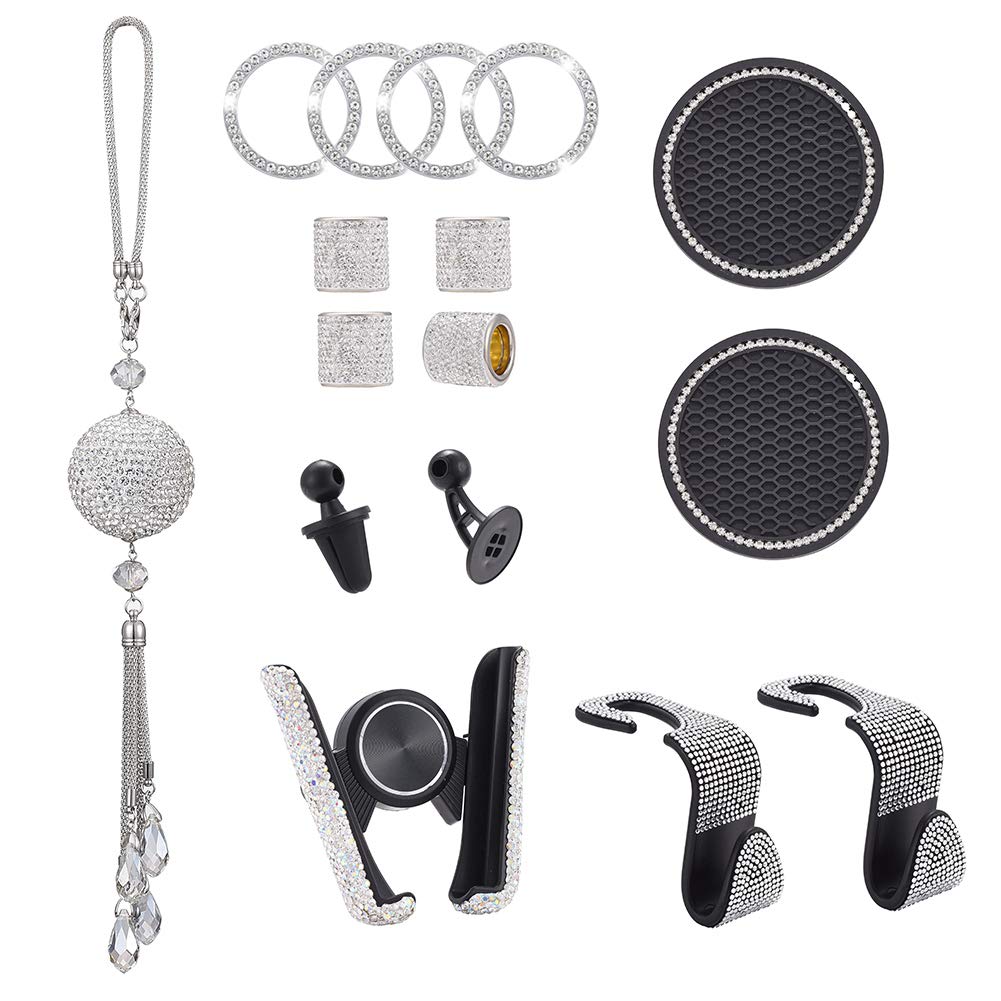 JSCARLIFE 14-Piece Rhinestone Car Accessories Set for Women - Crystal Phone Holder, Bling Car Hooks, Diamond Cup Coasters, Mirror Charms | Luxury Car Decor & Gift for Female Drivers