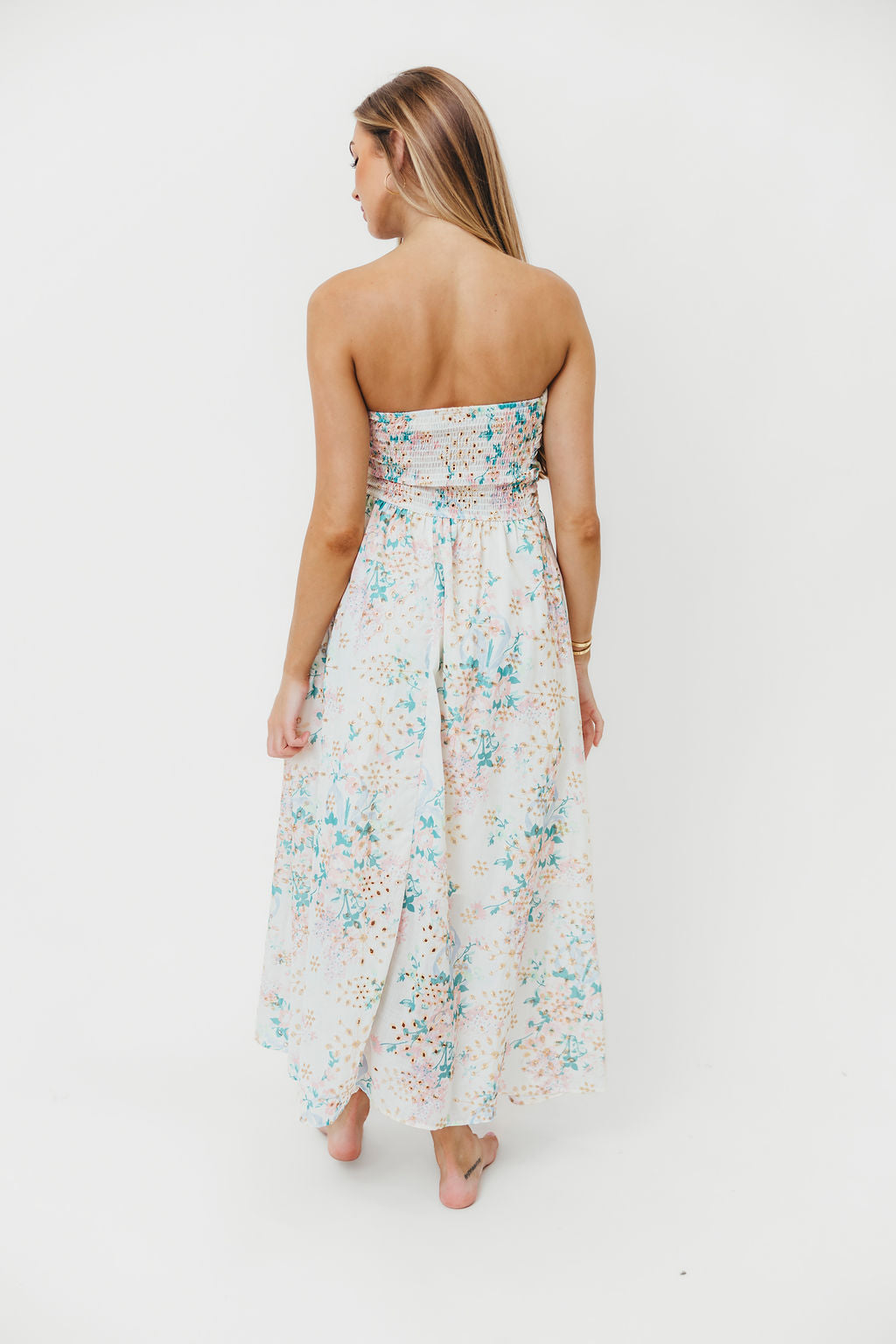 Rosella Floral Eyelet Lace Ruched Tube Maxi Dress - Women's Spring Summer Boho Flowy Long Dress for Beach Wedding Party Vacation