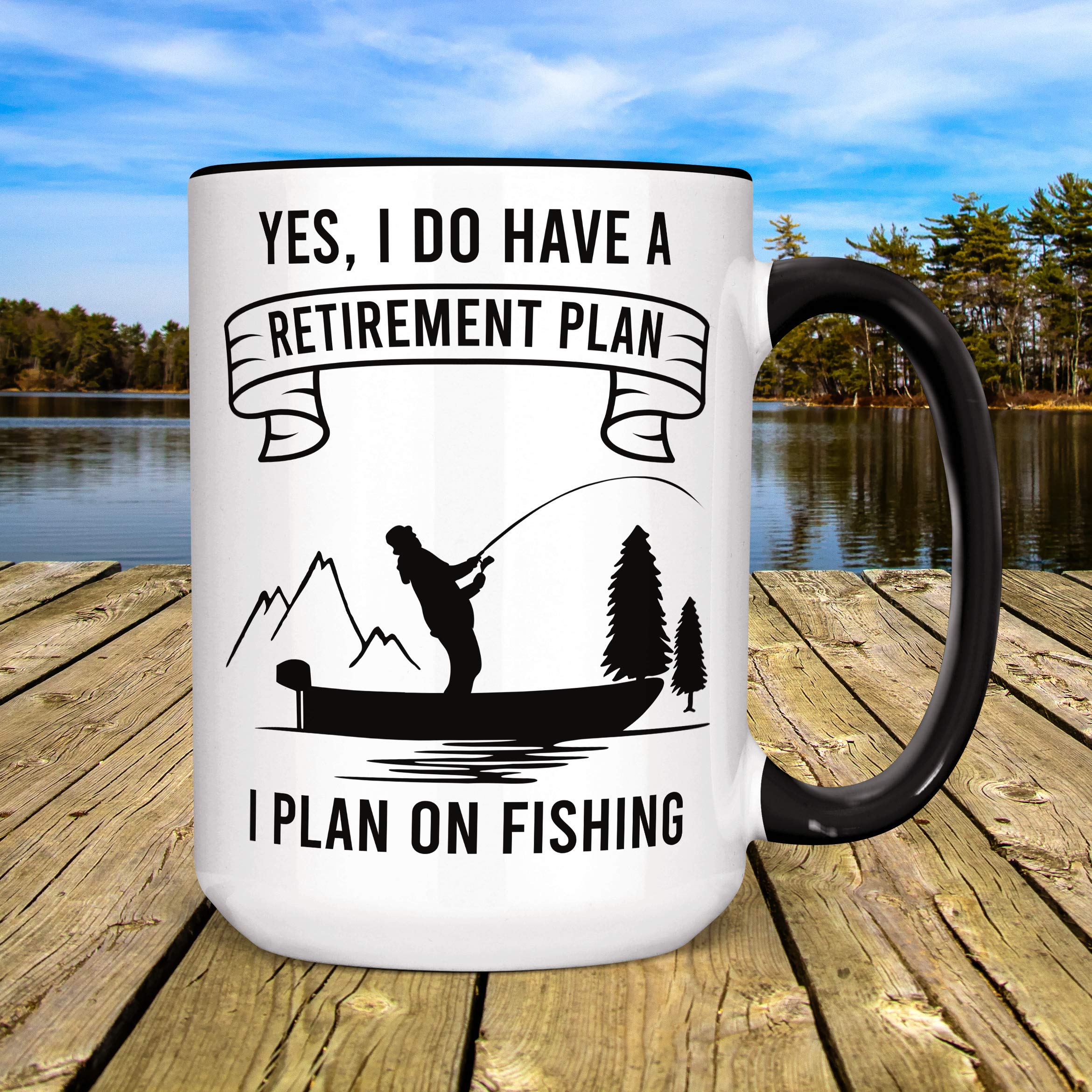 Funny Retirement Gift Coffee Mug - 'Retirement Plan: Fishing' Ceramic Cup (11 oz, Black Accent) | Dishwasher & Microwave Safe | Perfect Retirement Party, Office Farewell, or Fisherman's Gift
