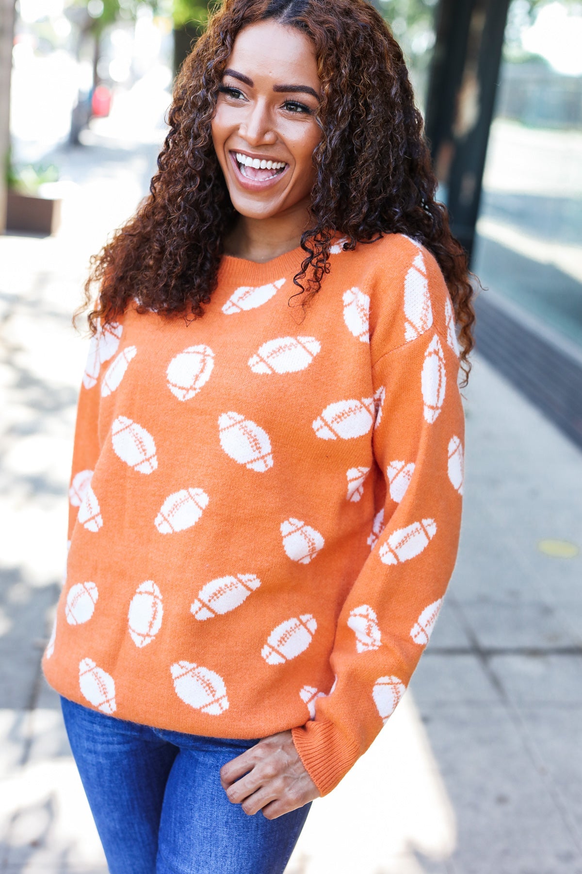 Game Day Orange Football Print Jacquard Knit Sweater - Stylish Sports Fan Apparel for Football Games, Tailgating & Casual Wear