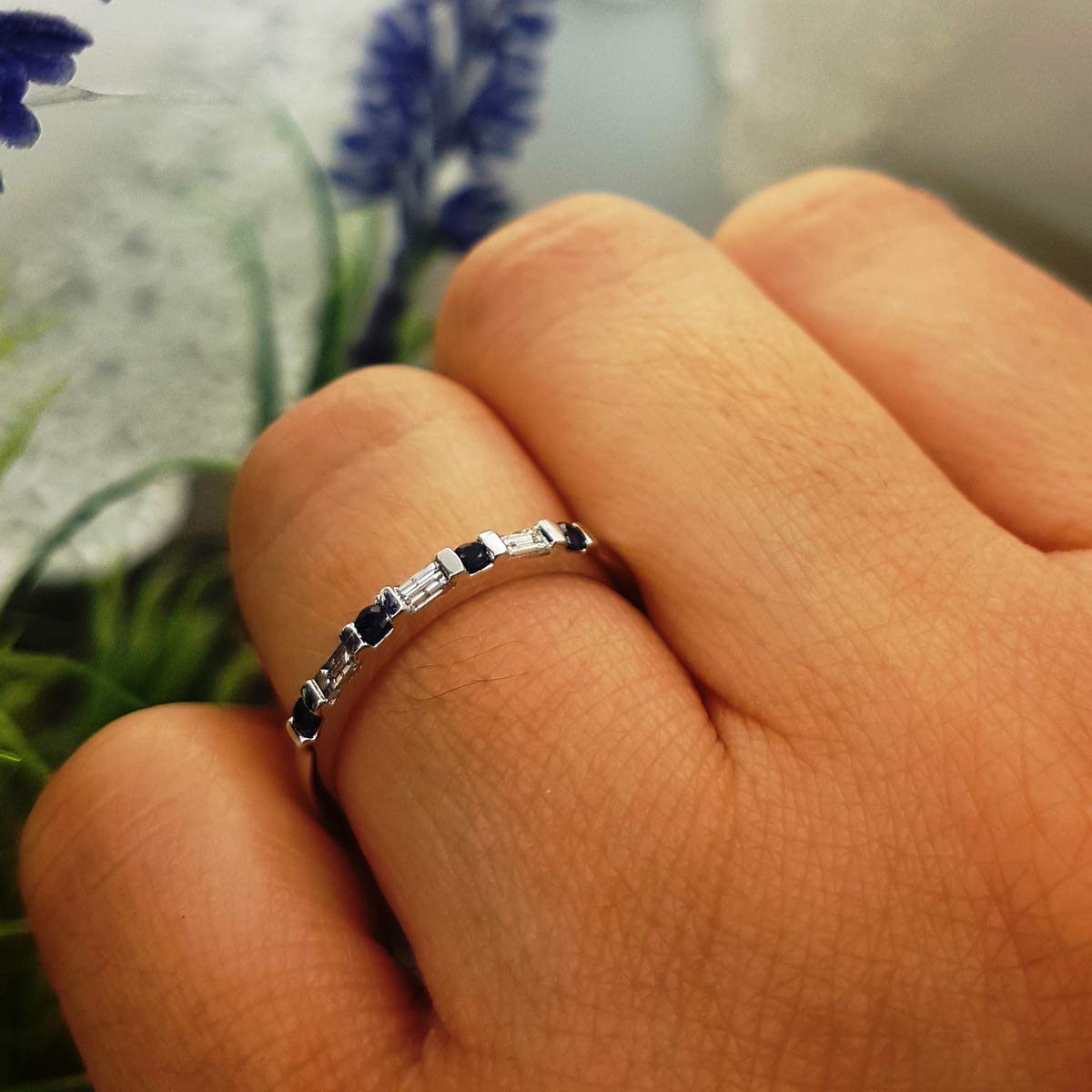 Dazzlingrock Collection 10K Solid White Gold Blue Sapphire & White Diamond Stackable Ring for Women | Anniversary, Wedding, Engagement Band | Perfect for Stacking, Gift Giving & Special Occasions
