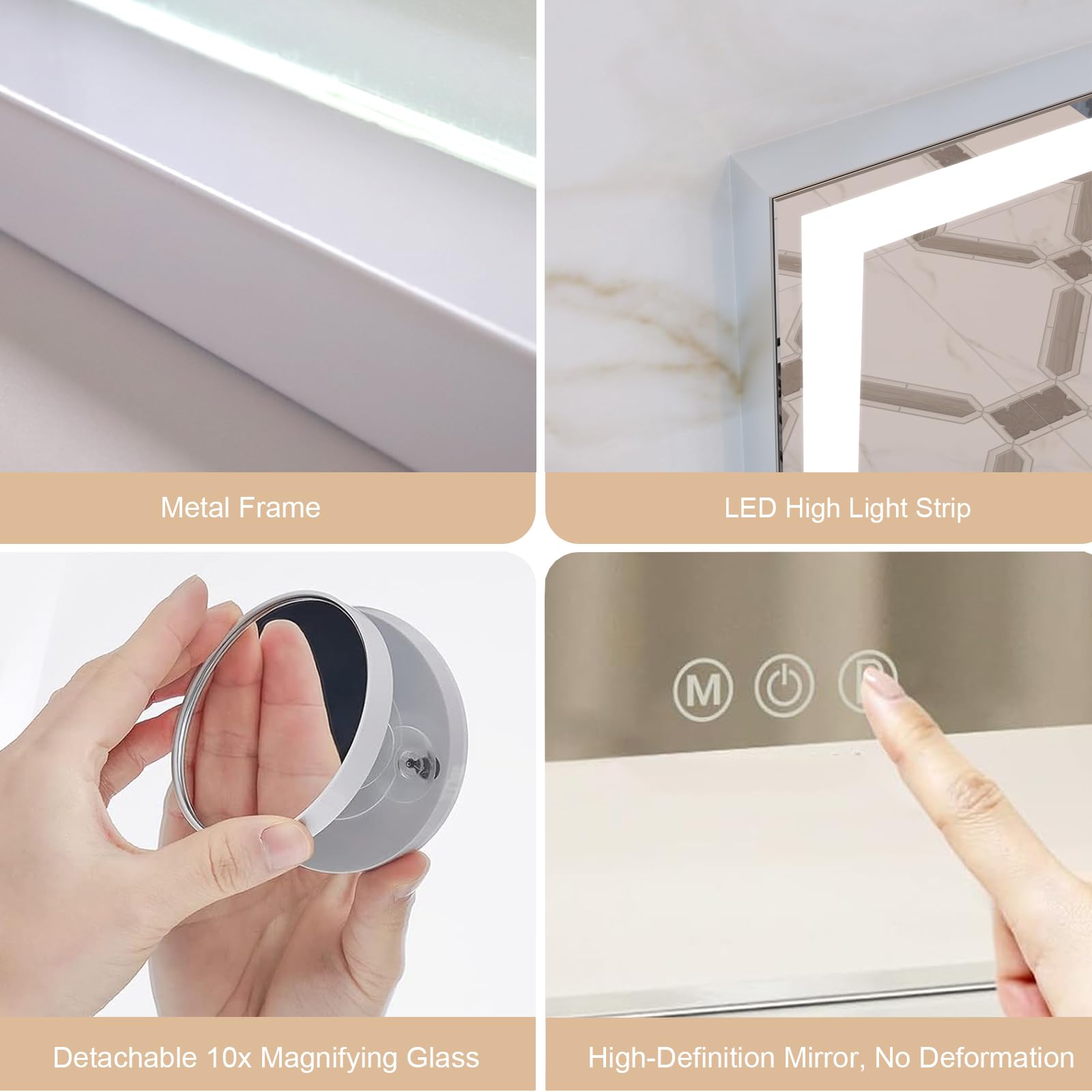 10X Magnification LED Makeup Mirror with Lights - 3 Color Lighting Modes, USB Charging, Adjustable Brightness - Perfect for Bedroom Vanity, Dressing Table or Bathroom (White, Tabletop/Wall-Mounted)