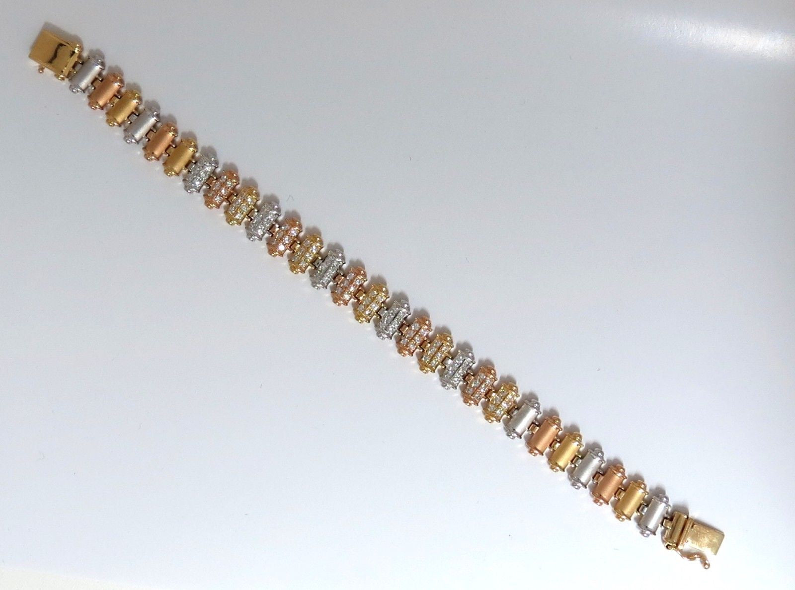 1.50CT Diamond Bar Link Tri-Color 18K Gold Bracelet with Satin Brush Finish - Elegant Jewelry for Women, Perfect for Parties, Weddings & Special Occasions