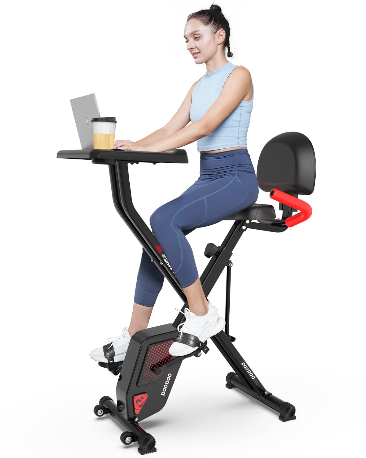 Pooboo Folding Exercise Bike for Home Gym - Adjustable Magnetic Resistance Indoor Cycling Bike with 8 Levels, Bottle Holder & Back Support Cushion | Compact Foldable Stationary Bike for Cardio Workout, Apartment Fitness & Small Space Training