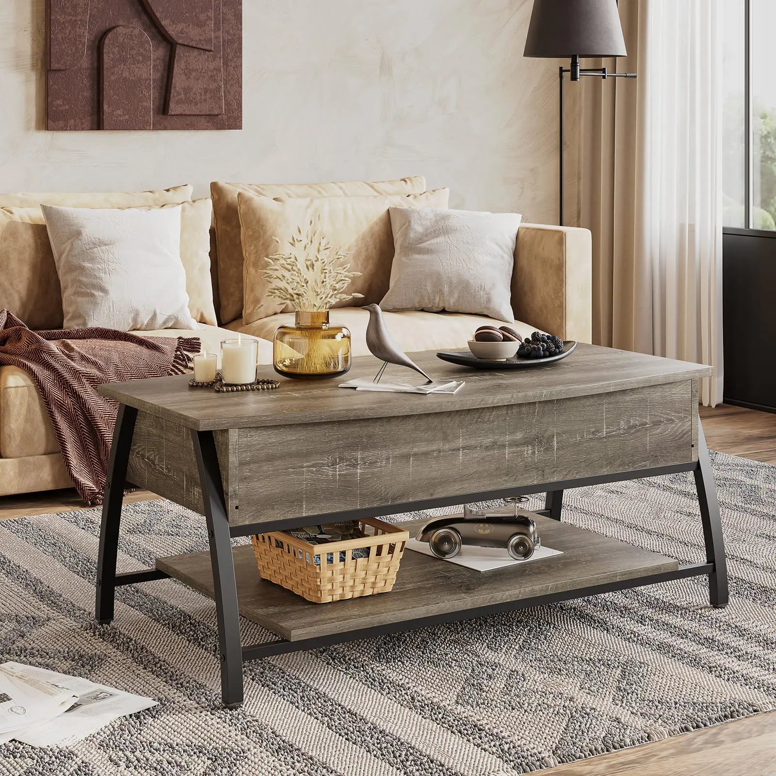 Bestier Lift Top Coffee Table with Storage - Modern Convertible Ottoman for Living Room, Bedroom, and Office Use