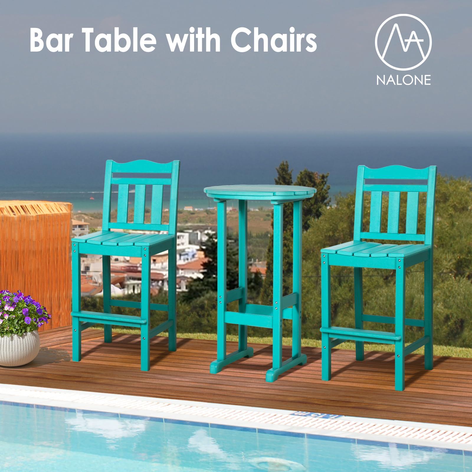 Premium HDPE Adirondack Bar Chairs and Table Set - 3-Piece Outdoor Patio Furniture for Garden, Yard, Balcony & Backyard - Durable Weather-Resistant Bar Stools for Relaxing, Entertaining & Outdoor Dining