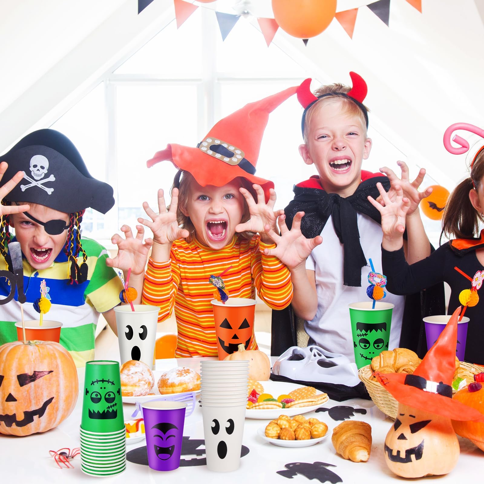 100 Pcs Halloween Party Cups 12 oz - Disposable Pumpkin Vampire Bat Ghost Paper Cups for Hot & Cold Drinks - Trick or Treat Supplies, Halloween Decorations - Perfect for Halloween Parties, Trick-or-Treating & Spooky Gatherings