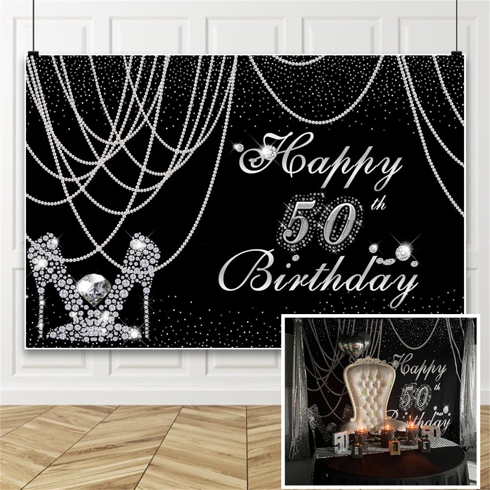 50th Birthday Party Backdrop for Women - 7x5ft Black & Silver Sparkly Photo Background with Pearl Curtain & Diamond High Heels - Perfect for Photography Studio, Photo Booth, Birthday Celebrations & Special Events