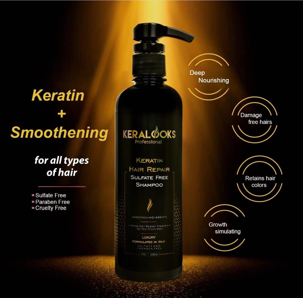 Keralooks Professional Smoothing Plus Keratin Luxury Shampoo 500ml - Sulfate Free Hair Repair Treatment with Keratin Protein & Argan Oil for Dry, Frizzy, Chemically Treated Hair | Deep Conditioning for Salon-Quality Results at Home