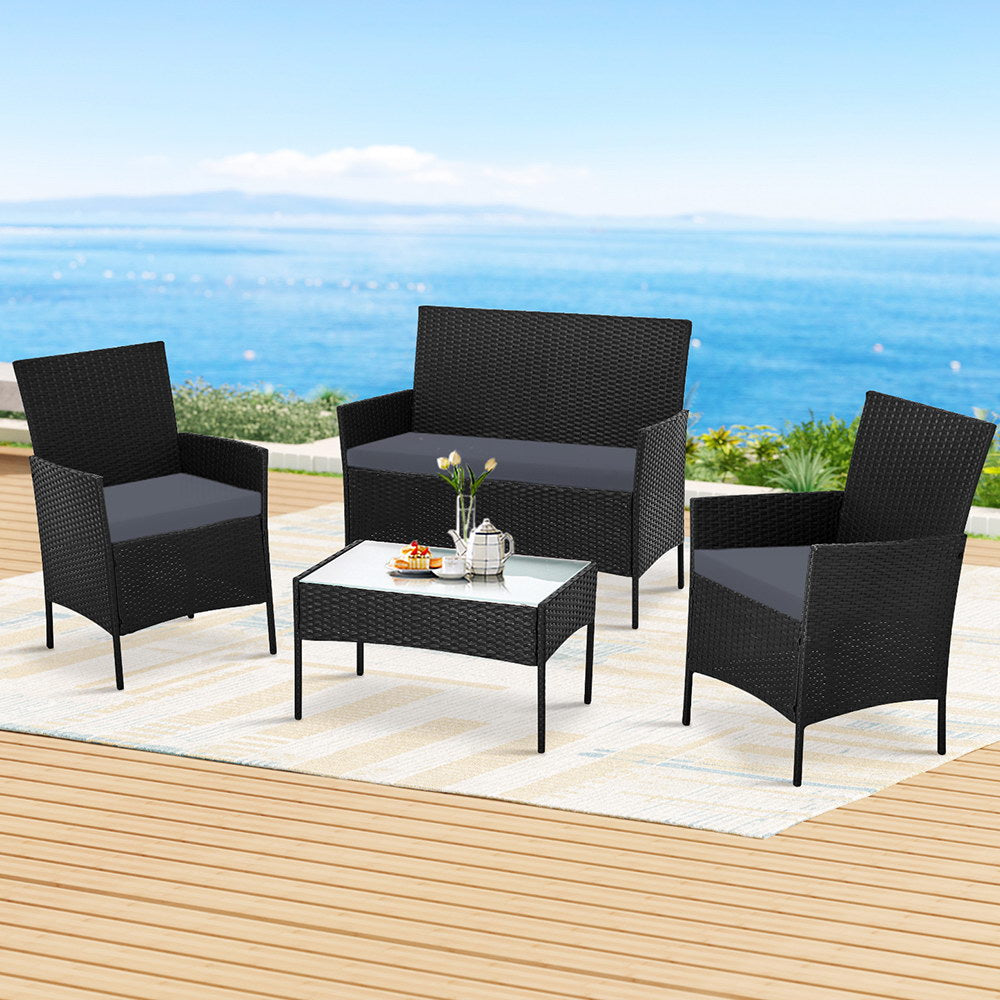 4 Seater Outdoor Wicker Sofa Set with Table and Chairs - Patio Furniture in Black for Garden, Backyard, and Poolside Relaxation