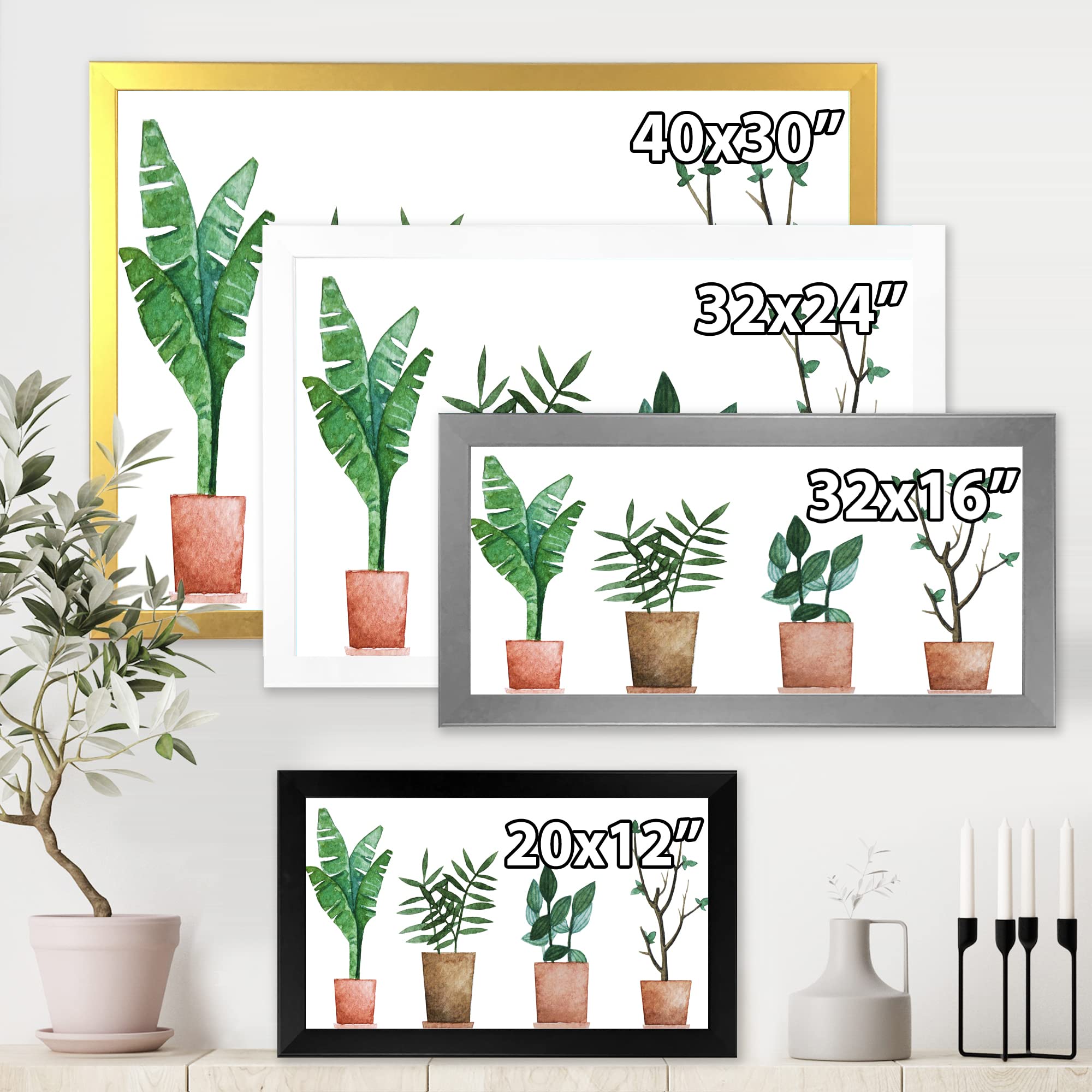 DesignQ Duo of Potted Flowers House Plants - Farmhouse Style Framed Wall Art Decor for Living Room, Bedroom & Office