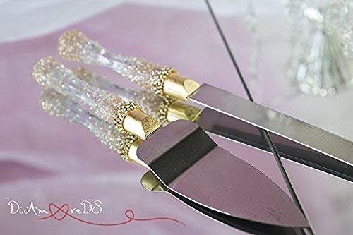 Elegant Gold Wedding Cake Server Set - Engraved & Personalized Cake Knife with Crystals - Perfect for Wedding Receptions, Anniversary Celebrations & Bridal Showers