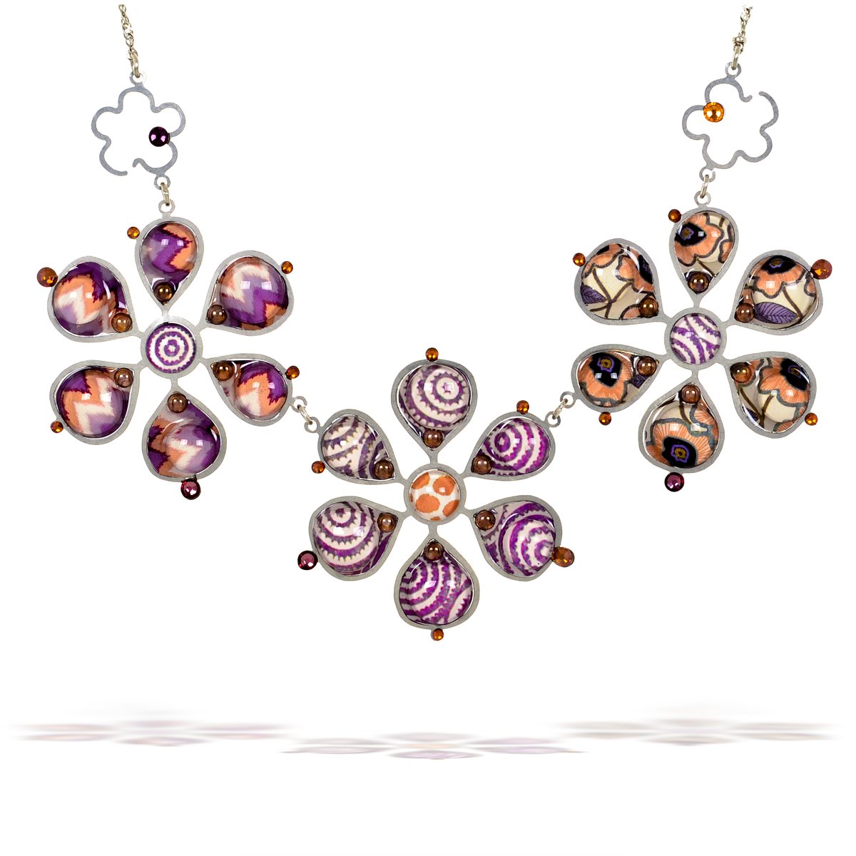 **Purple Cream & Orange Flower Pop Necklace N2808 - Elegant Floral Statement Jewelry for Women, Perfect for Parties, Weddings & Everyday Wear**