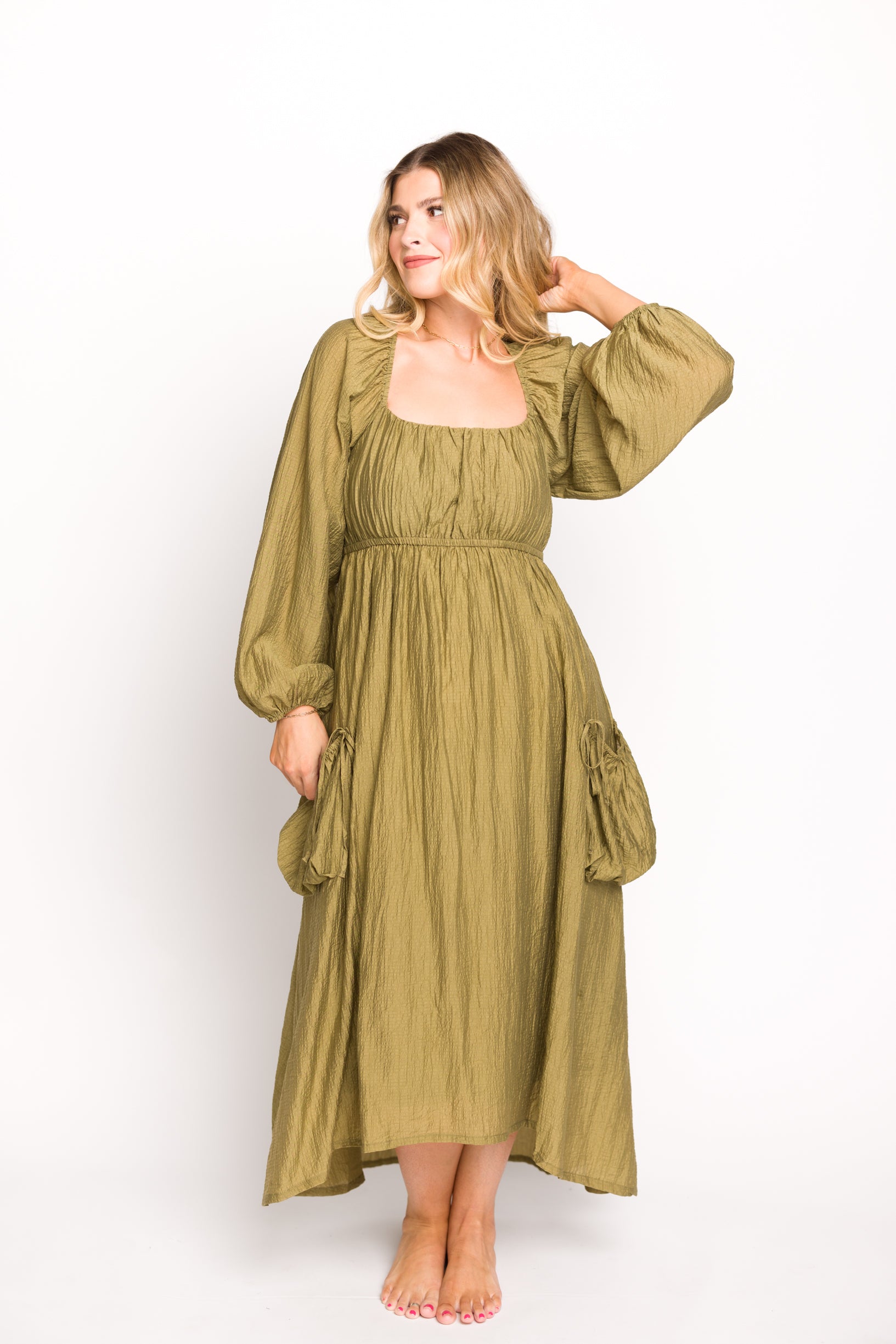 Ariana Women's Long Sleeve Maxi Dress with Slouchy Pockets - Olive Green Boho Chic Flowy Dress for Casual Outings, Date Nights & Fall Fashion