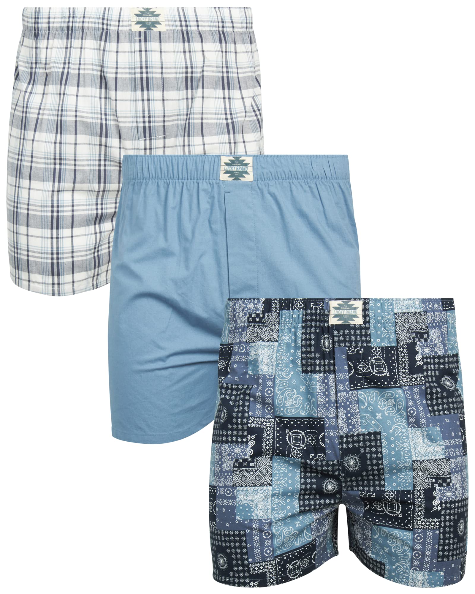 Lucky Brand Men's Boxer Shorts 3-Pack - Breathable Woven Cotton Underwear with Functional Fly - Lightweight Comfort for Everyday Wear (S-XL) - Perfect for Work, Travel & Lounging