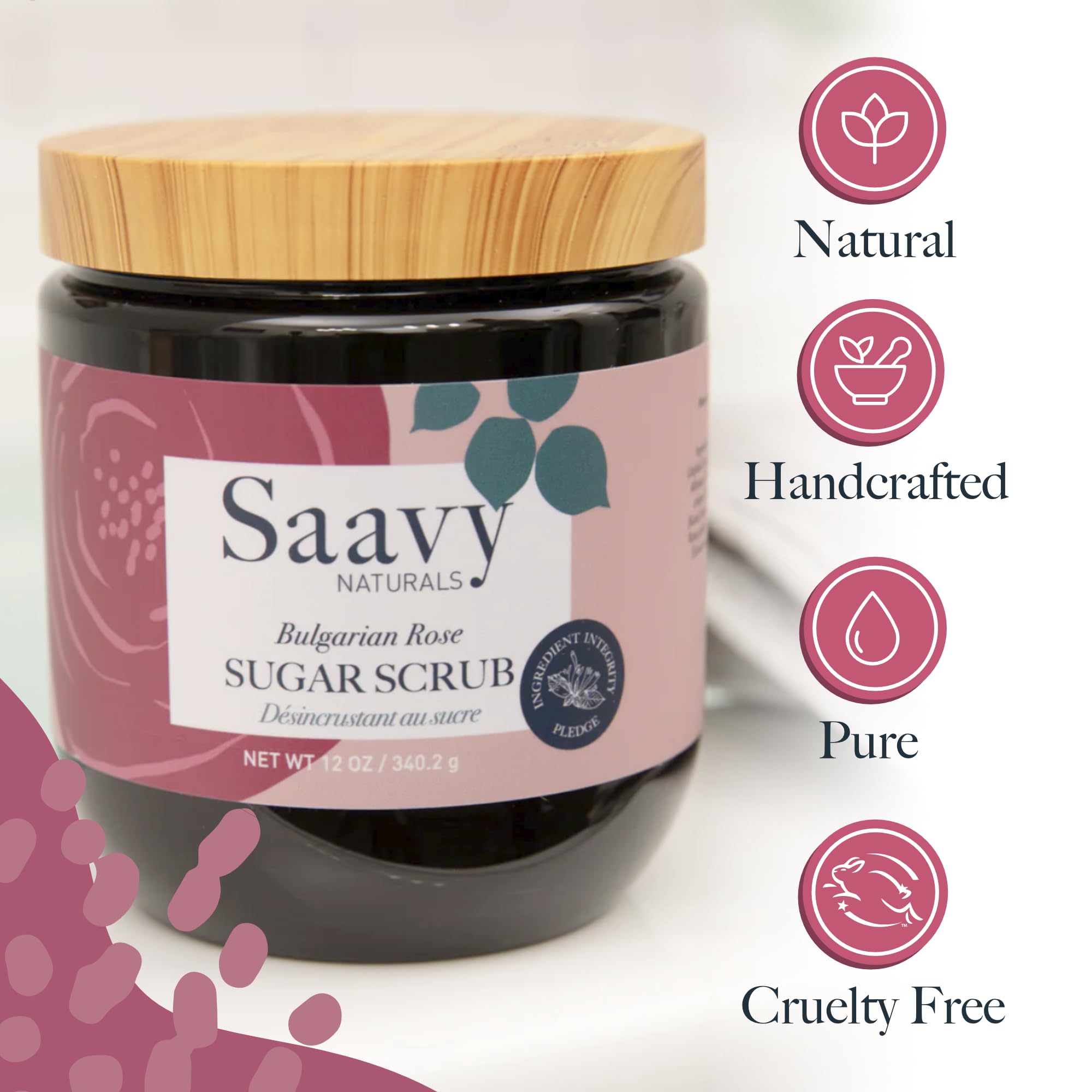 Saavy Naturals Bulgarian Rose Sugar Scrub 2-Pack | Organic Vegan Body Exfoliator with Vitamin E & Natural Oils | Relaxing Rose Scented Skin Care Gift Set | Perfect for Spa Day, Self-Care Routine & Romantic Gifts