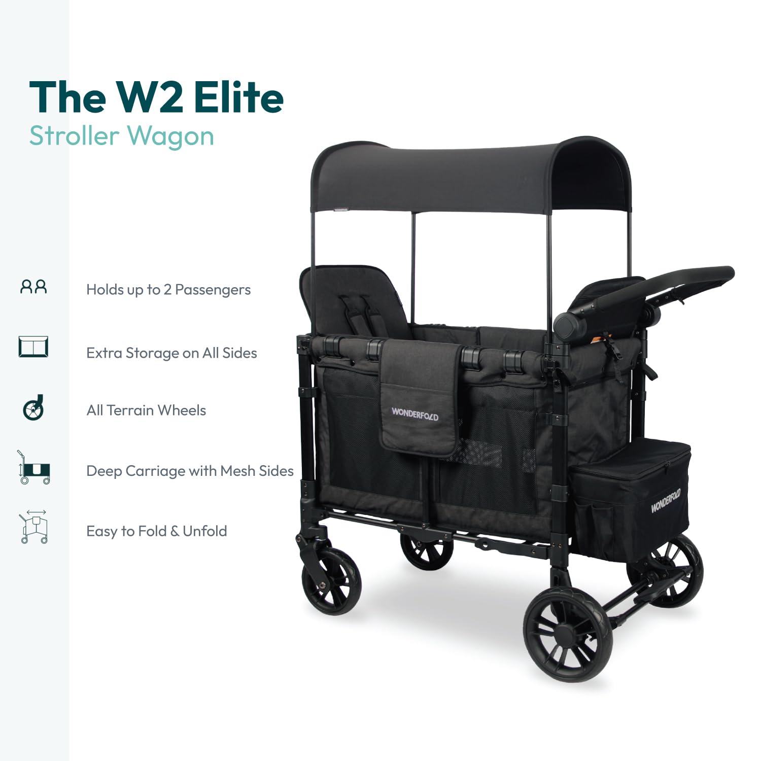 **Wonderfold W2 Elite Stroller Wagon – 2-Seater Collapsible Wagon Stroller with 5-Point Harness, Adjustable Push Handle & Sun Canopy – Elite Black – Perfect for Family Outings, Beach Trips & Shopping**