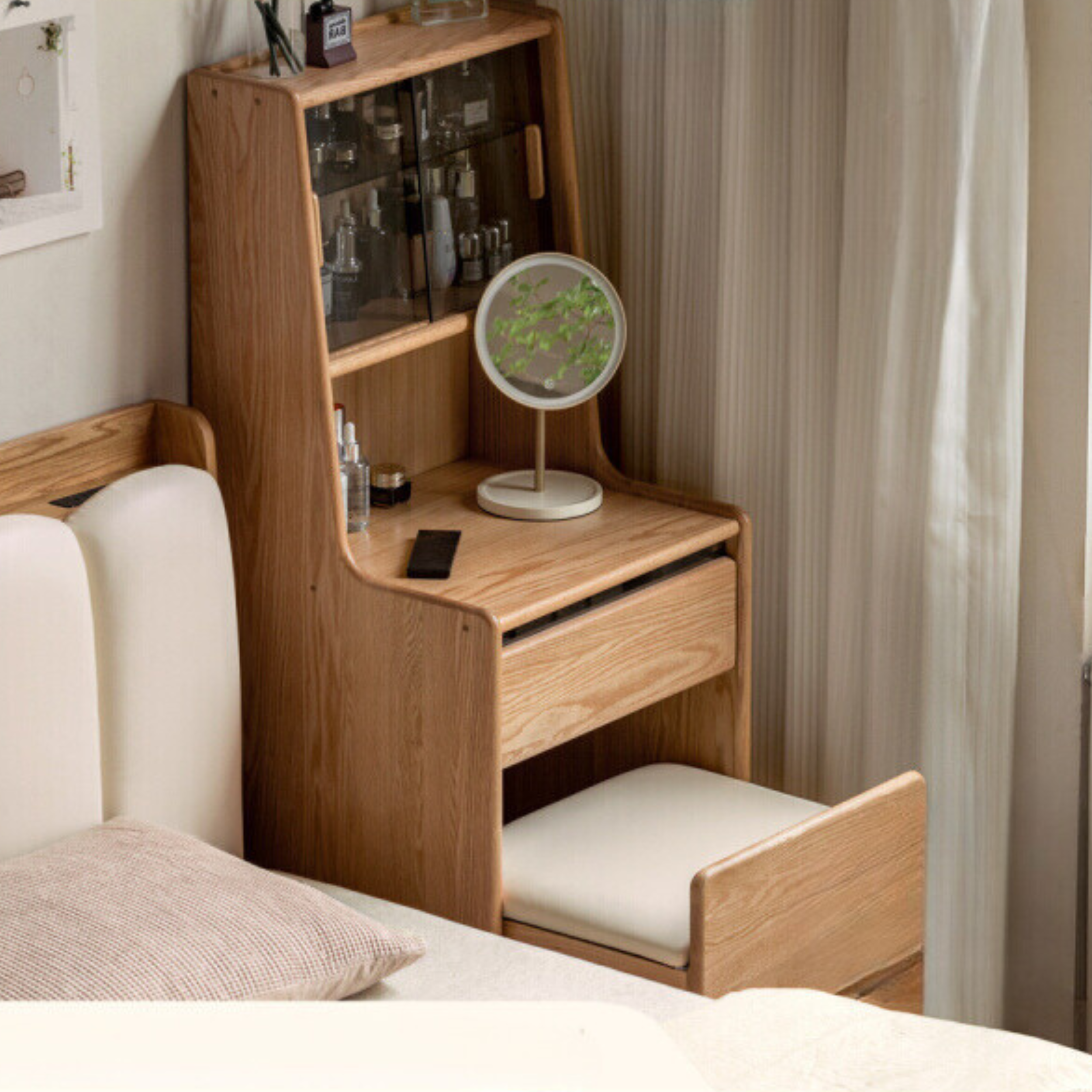 Solid Oak Wood Modern Minimalist Bedside Dressing Table - Perfect for Small Bedrooms & Apartment Vanity Areas
